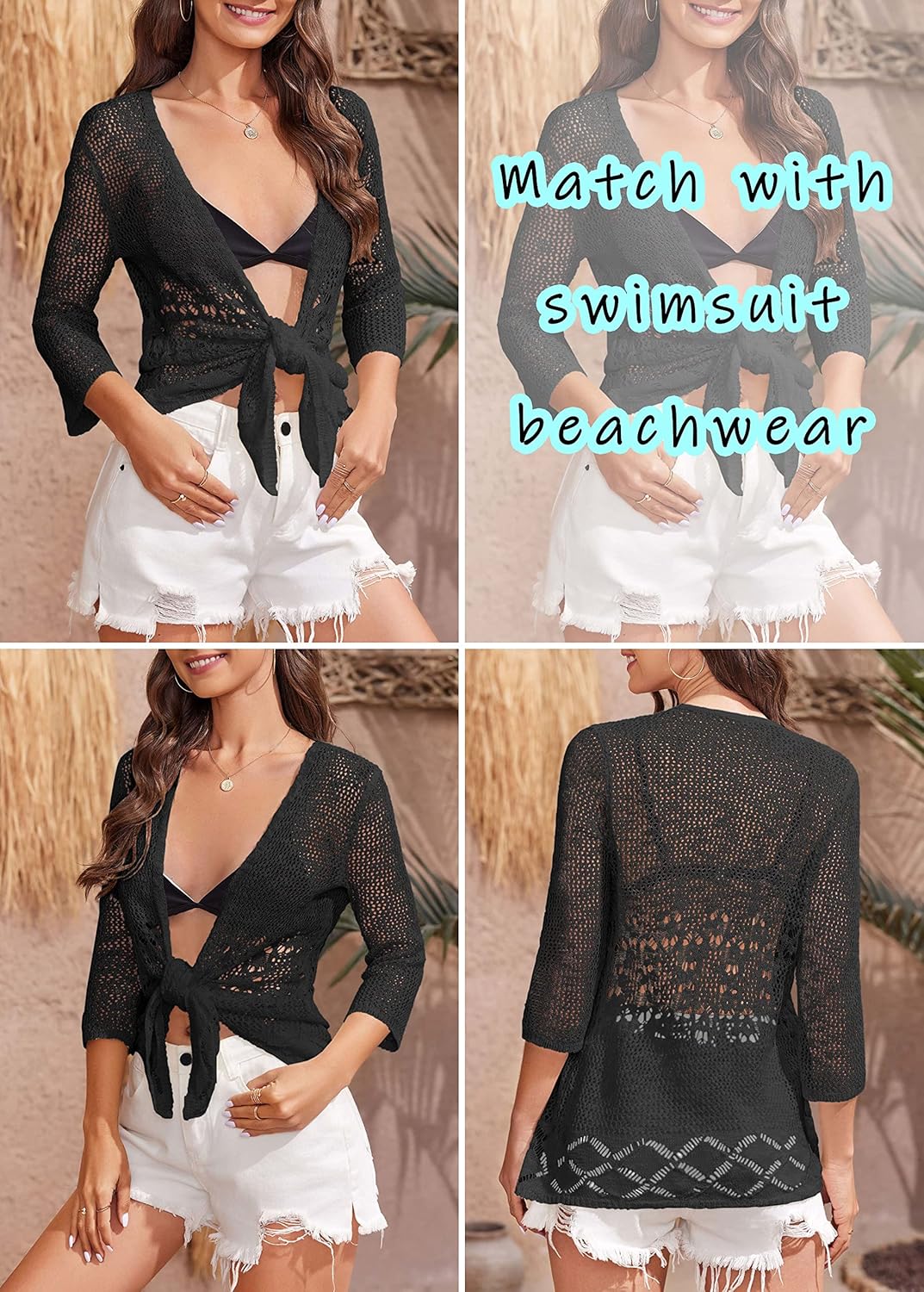 Nulibenna Womens Sheer Shrug Sweaters 3/4 Sleeve Open Front Tie Cardigan Bolero Jacket Lightweight Crochet Knit Cover Up Tops - Image 4