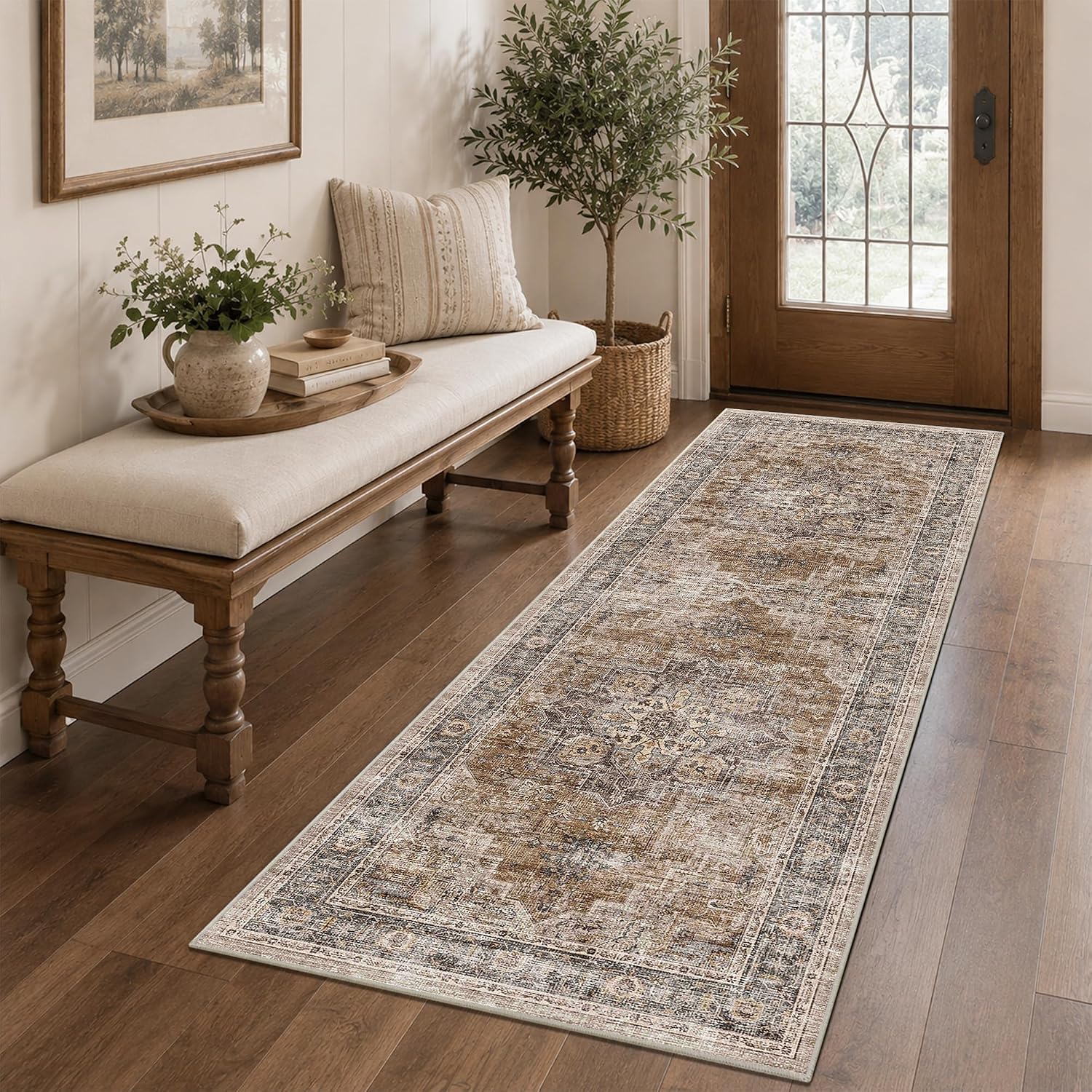 2x6 Vintage Runner Rug Low Pile Non-Slip Washable Hallway Rug image 2