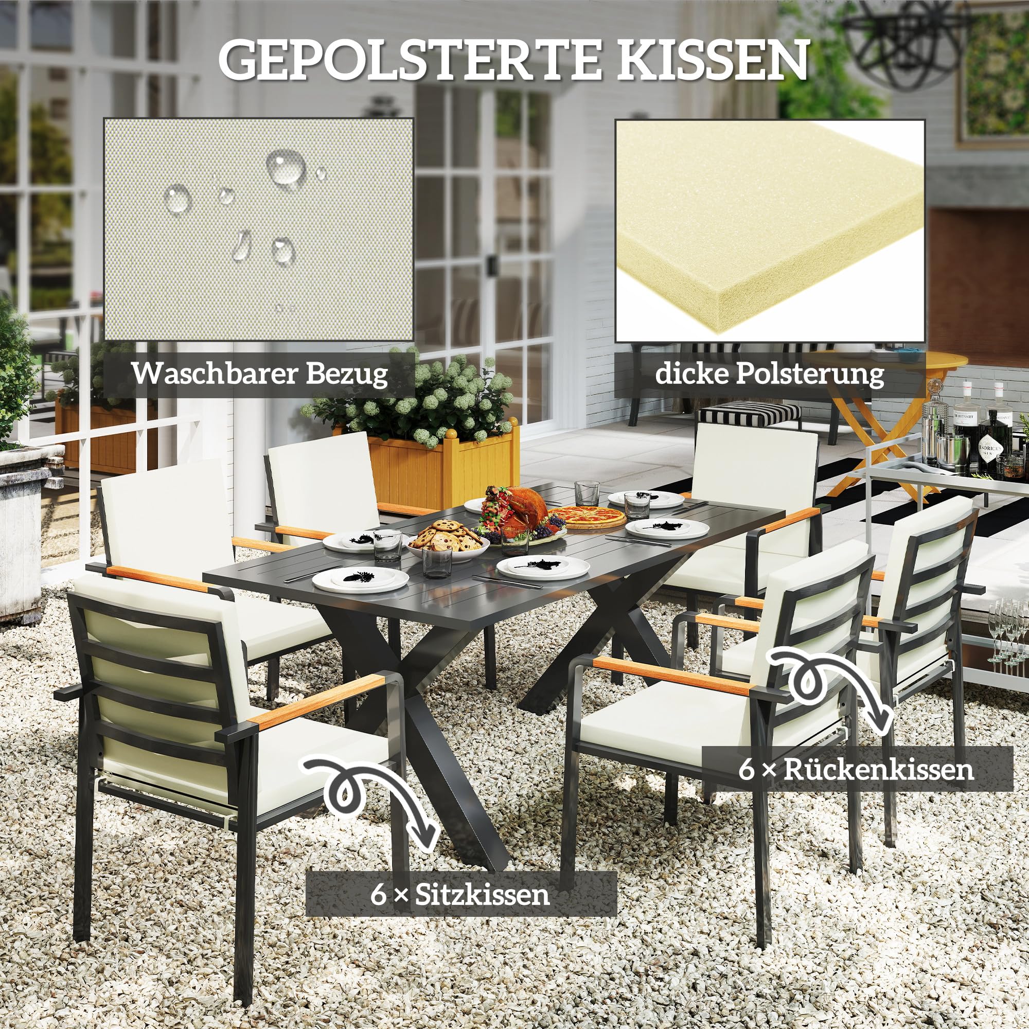 Outsunny Sitzgruppe 7tlg. Balkonset Essgruppe Balkonmöbel 1 Tisch+6 Stühle Gartenmöbel Set Sitzgarnitur mit Auflagen wetterfest Aluminiumrahmen Schwarz+Grau