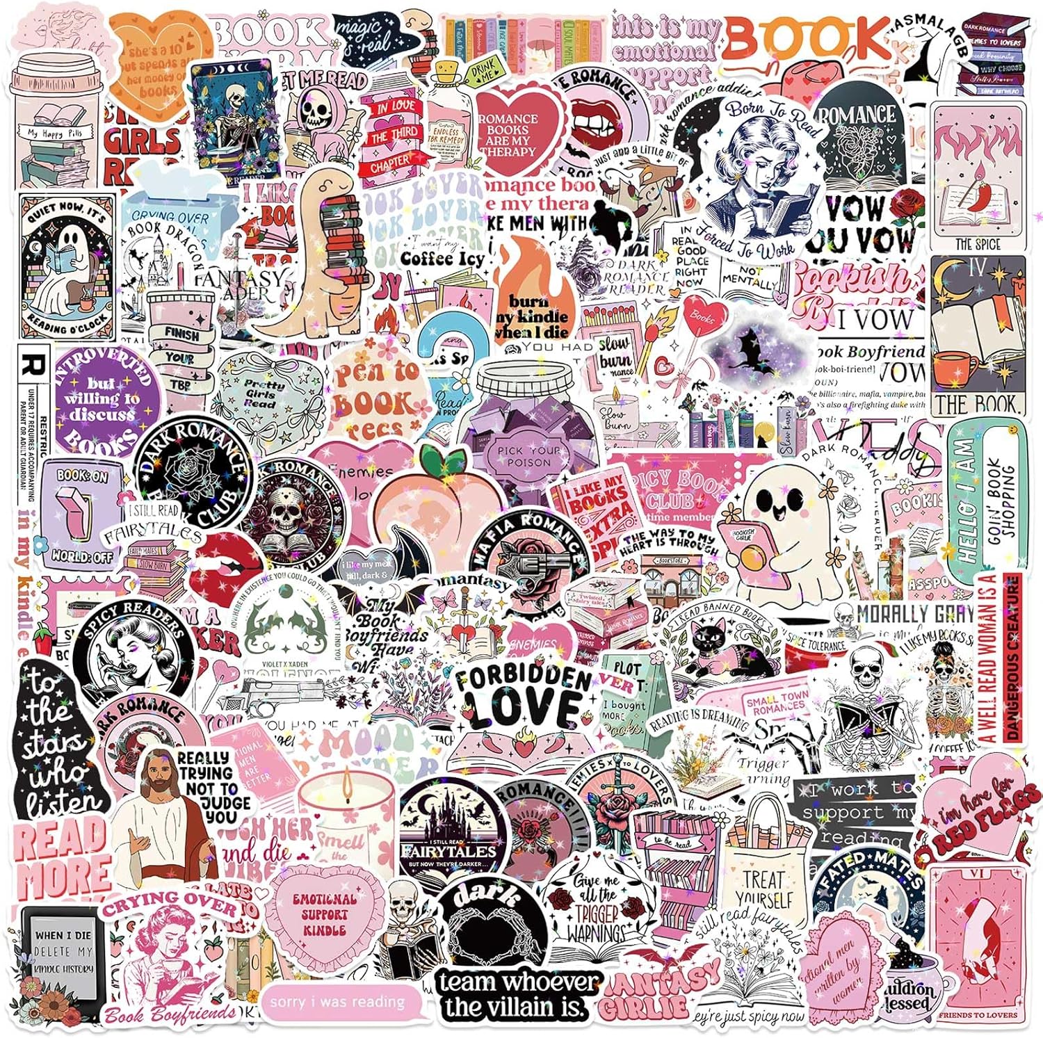 150 PCS Holographic Book Stickers for Kindle, Aesthetic Romance Bookish Sticker Pack, Waterproof Glitter Vinyl Reading Booktok Decals for for Adults Book Lovers, Journals, Water Bottles & Scrapbooking
