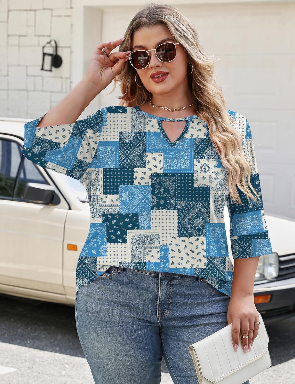 Rapbin Womens Plus Size Tops 3/4 Length Sleeve Shirts Crewneck Dressy Casual Blouses Trendy Keyhole Tunic Top XL-5XL - Image 4