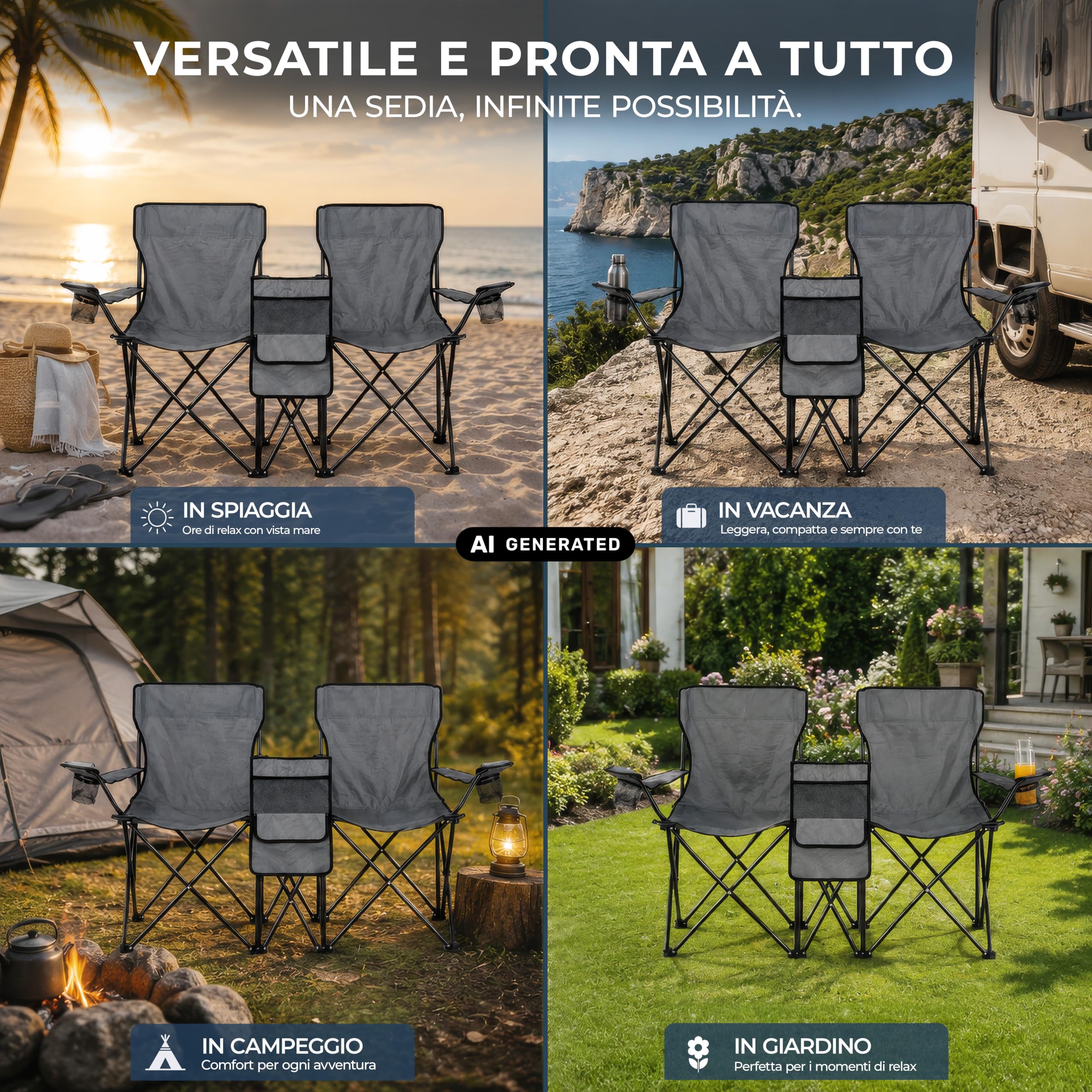 Stagecaptain CS-1485 Sedia da Campeggio Doppia, Tasca esterna spaziosa | Sedia da campeggio doppia in tessuto Oxford 600D, Perfetta per campeggio, festival, picnic ed escursioni, Dimensioni, 5 cm
