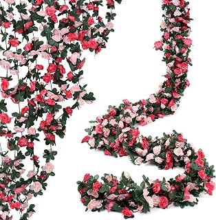 42.5 ft 5pcs Pink Flower Garland Artificial Rose Vines Hanging Rose Garland for Wedding Decoration, Room Party Christmas Arch Proch Decor, Fake Floral Garlands