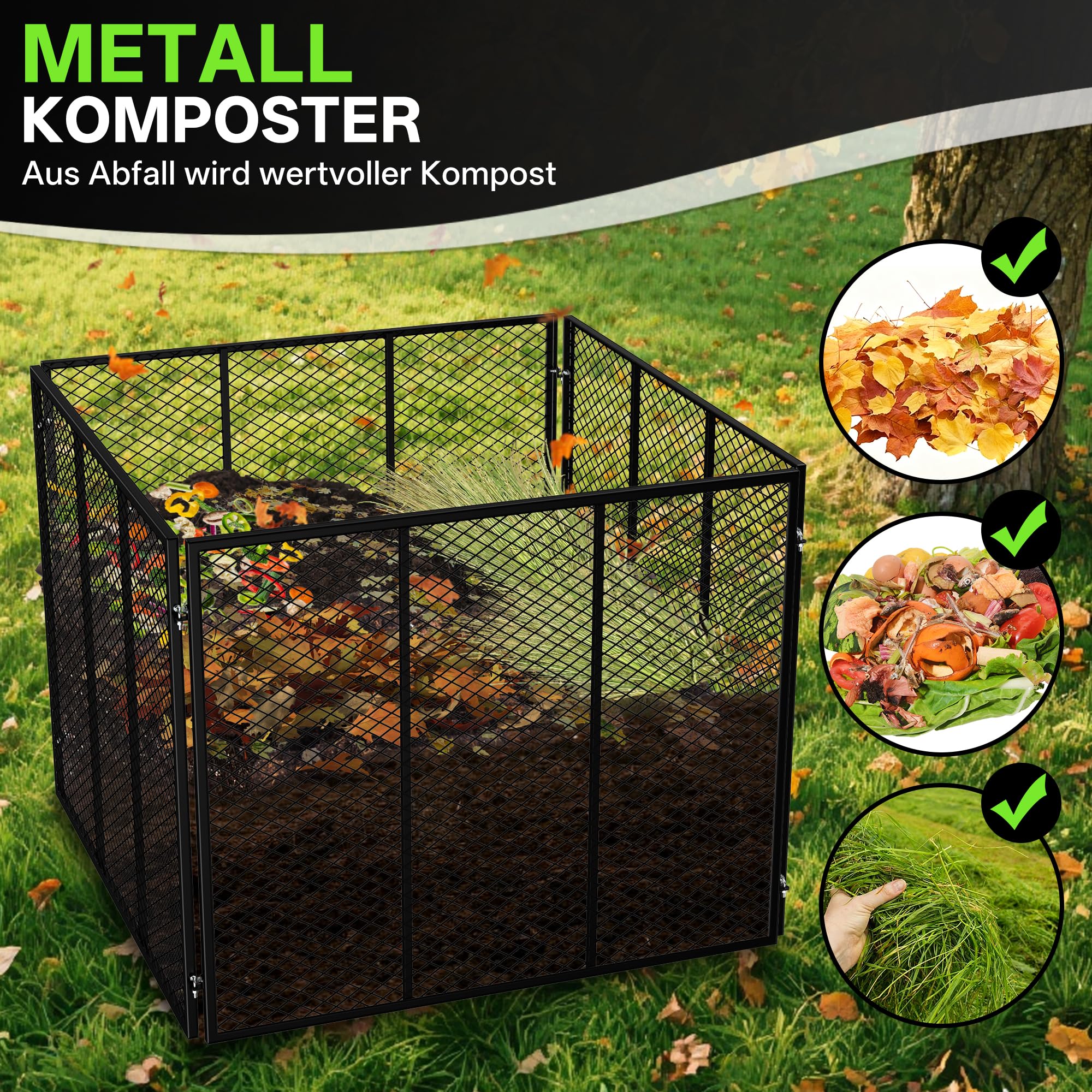 Metall Komposter 650L – Wetterfest & Rosthemmend, mit Stecksystem und Belüftung für Schnelles Kompostieren, Ideal für Biomüll, Rasenschnitt und Laub, 94x94x76 cm