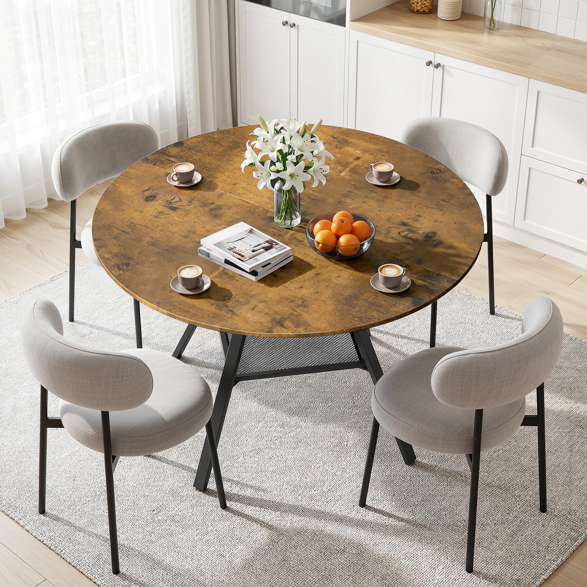 Runder Esstisch 120 cm, Esszimmertisch Holz für 4–6 Personen, mit Ablage und stabilem Metallgestell, platzsparender Küchentisch im Industrial Design für Esszimmer Küche Wohnzimmer, Retro