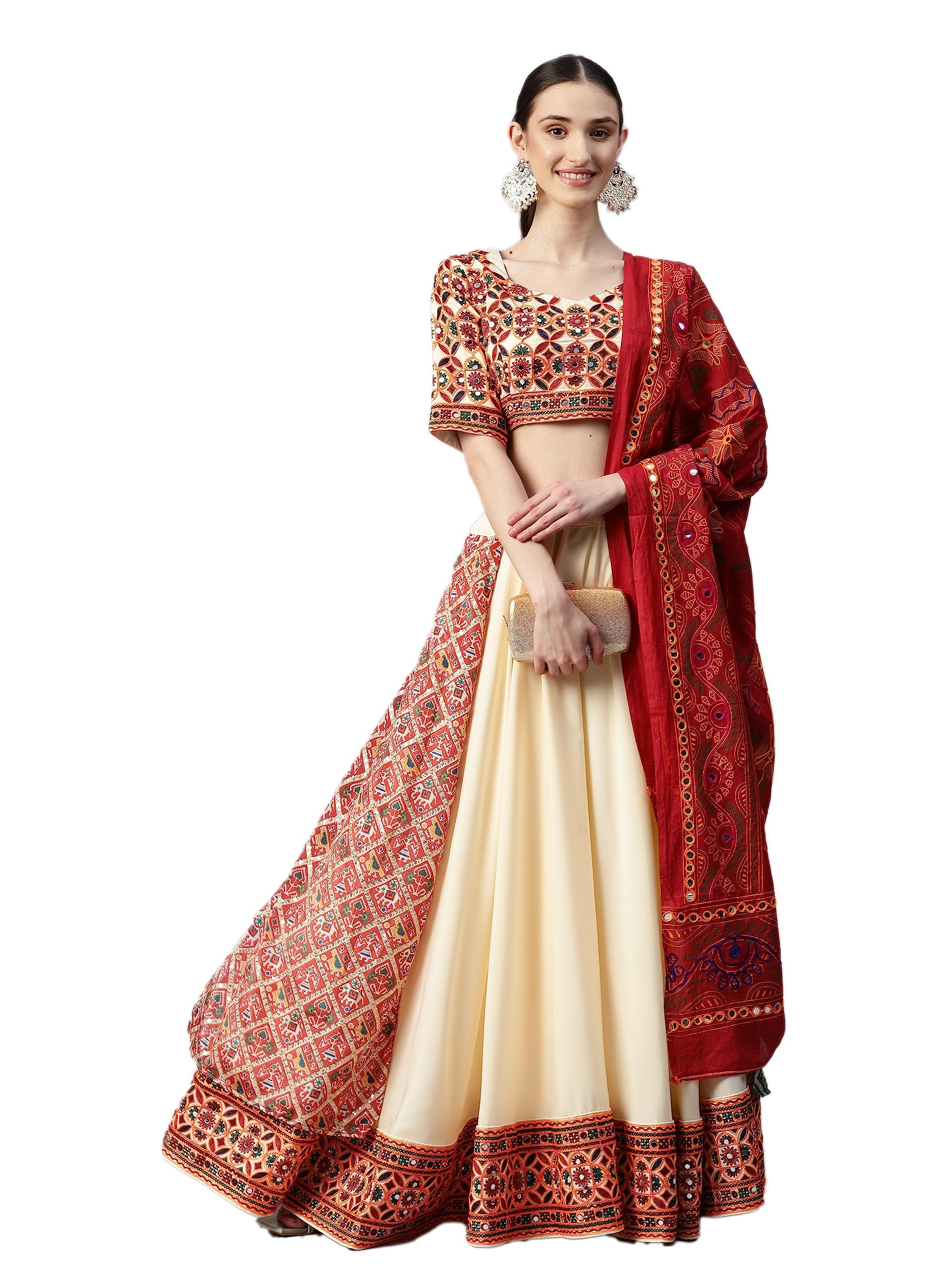 Mizzific Women's Maslin Cotton Embroidered Unstitched Lehenga Choli With Dupatta (2112M-Beige-Navratri-Garba-Tradational-Lehenga; Free Size)