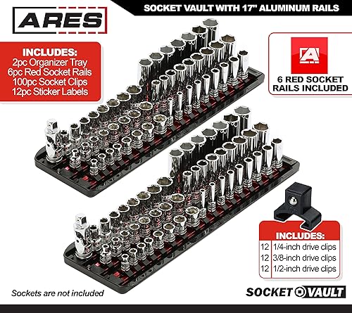 Miniatura 2 de ARES 60147 - Juego de 2 organizadores de enchufes SOCKET VAULT - Juego de 6 rieles rojos de 17 pulgadas con 2 bandejas organizadoras de plástico