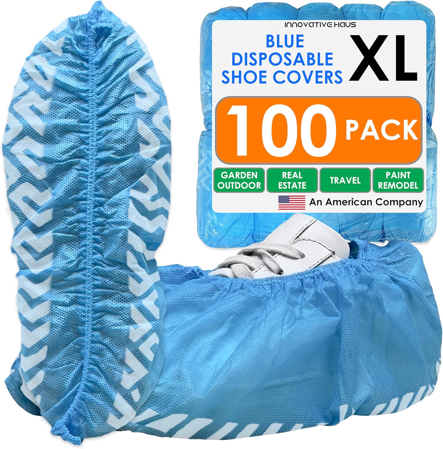 Innovative Haus Blue Indoor Disposable Shoe Covers - Disposable Non Slip Boot Covers - Indoor Reusable Booties - Treads - Water Resistant - 200 Pack, Extra Large