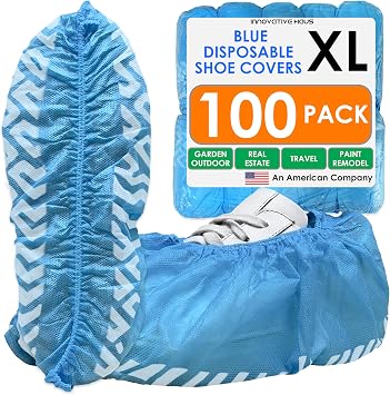 Innovative Haus Blue Indoor Disposable Shoe Covers - Disposable Non Slip Boot Covers - Indoor Reusable Booties - Treads - Water Resistant - 100 Pack, Extra Large