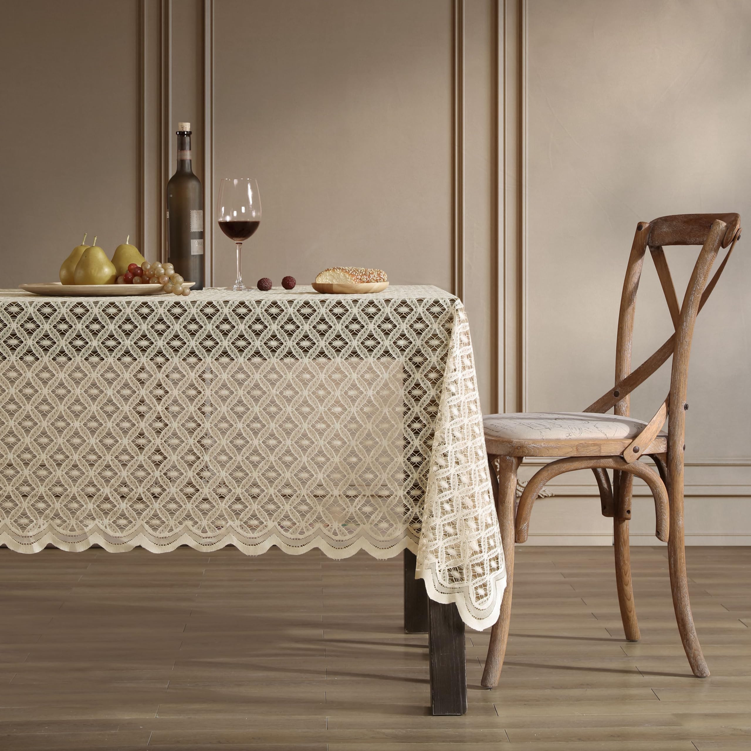 HLC.ME Sedona - Mantel de encaje, rectangular, 60 x 104 pulgadas, lino gris pardo | Mantel festoneado resistente a las arrugas, mantel de tela, ideal para bodas, baby shower y fiestas