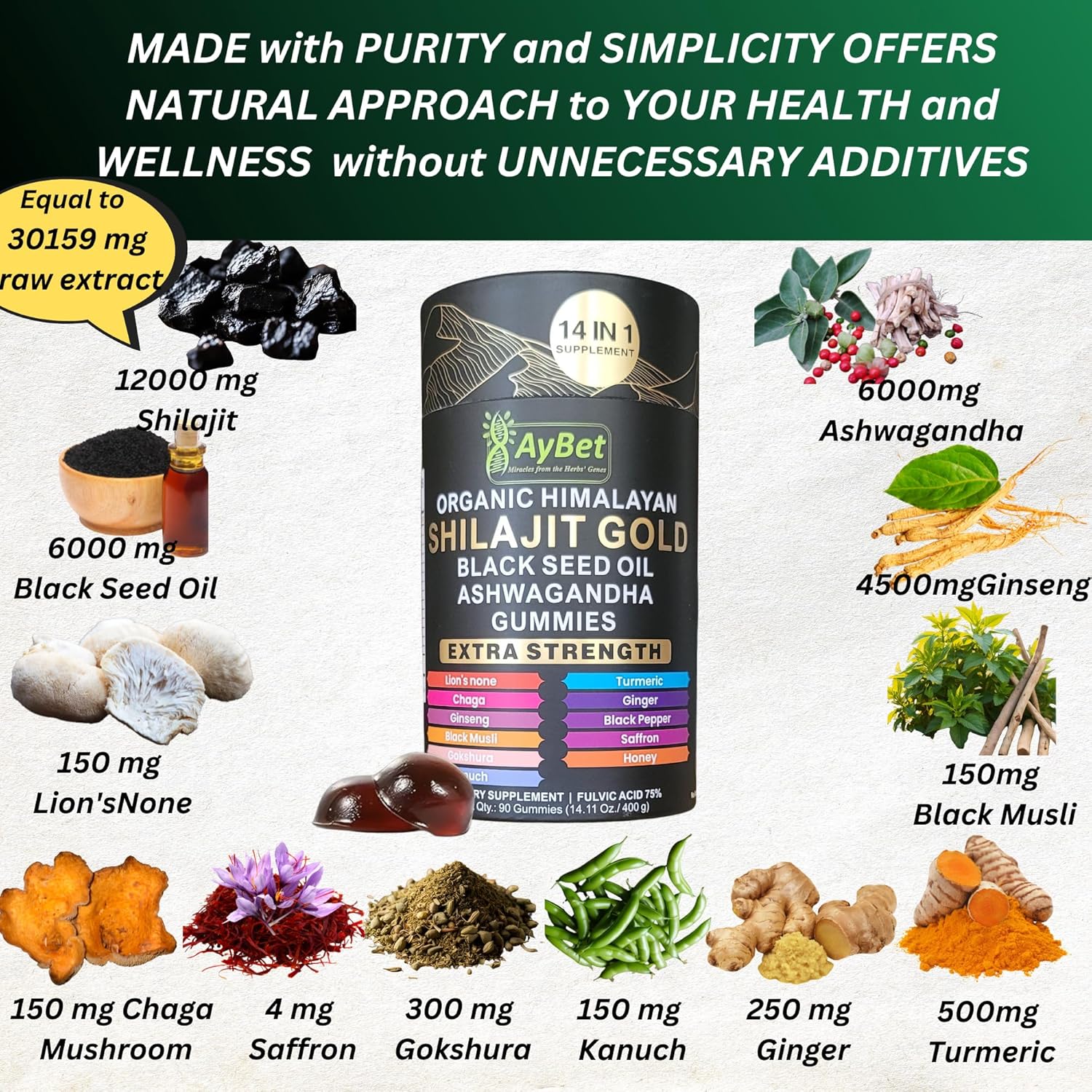 Organic Himalayan Shilajit Gold Gummies for Men and Women, Black Seed Oil, Ashwagandha, Ginseng, Turmeric, Gokshura, Lion's None, Lab Tested,%75 Fulvic Acid, No Sugar Added, Halal, 90Gummy - Image 2