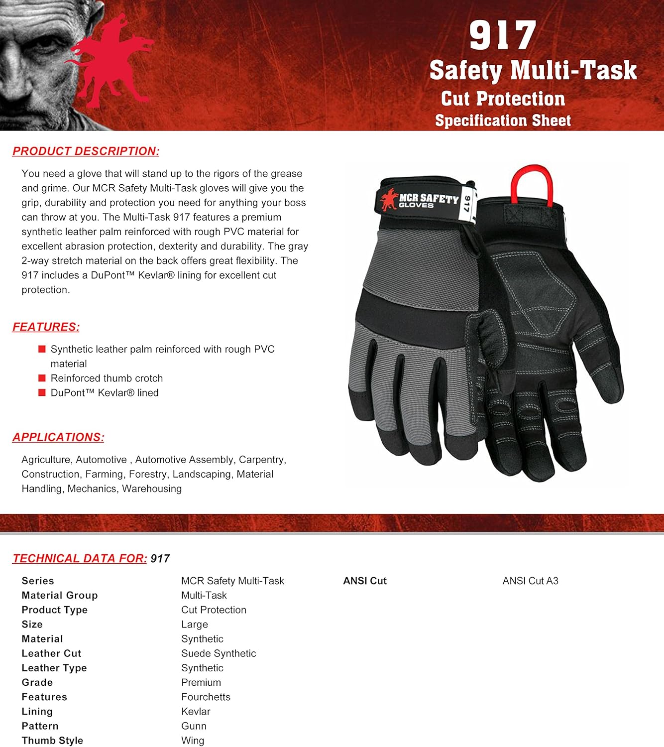 MCR Safety 917XXXL Multi-Task Gloves, Synthetic Leather Palm, Rough Pvc Coated Material, Reinforced Palm, Dupont Kevlar Lined, Gray Spandex Back, Adjustable Wrist Closure, 3X-Large, 1-Pair