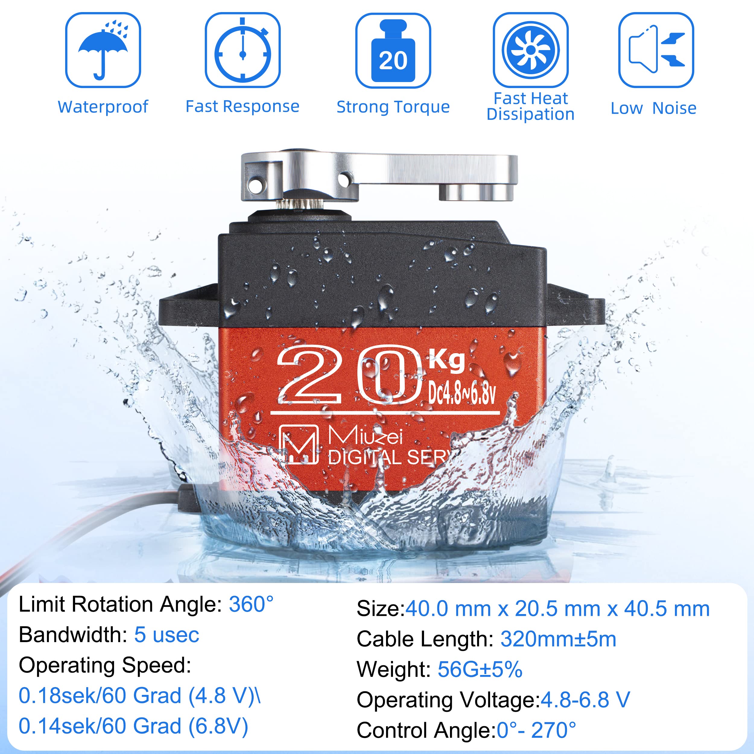 Miuzei 20KG Digital Servo High Torque Full Metal Gear Waterproof for RC Model DIY 1/8 1/10 RC Car Robot DS3218MG,Control Angle 270° - Image 3