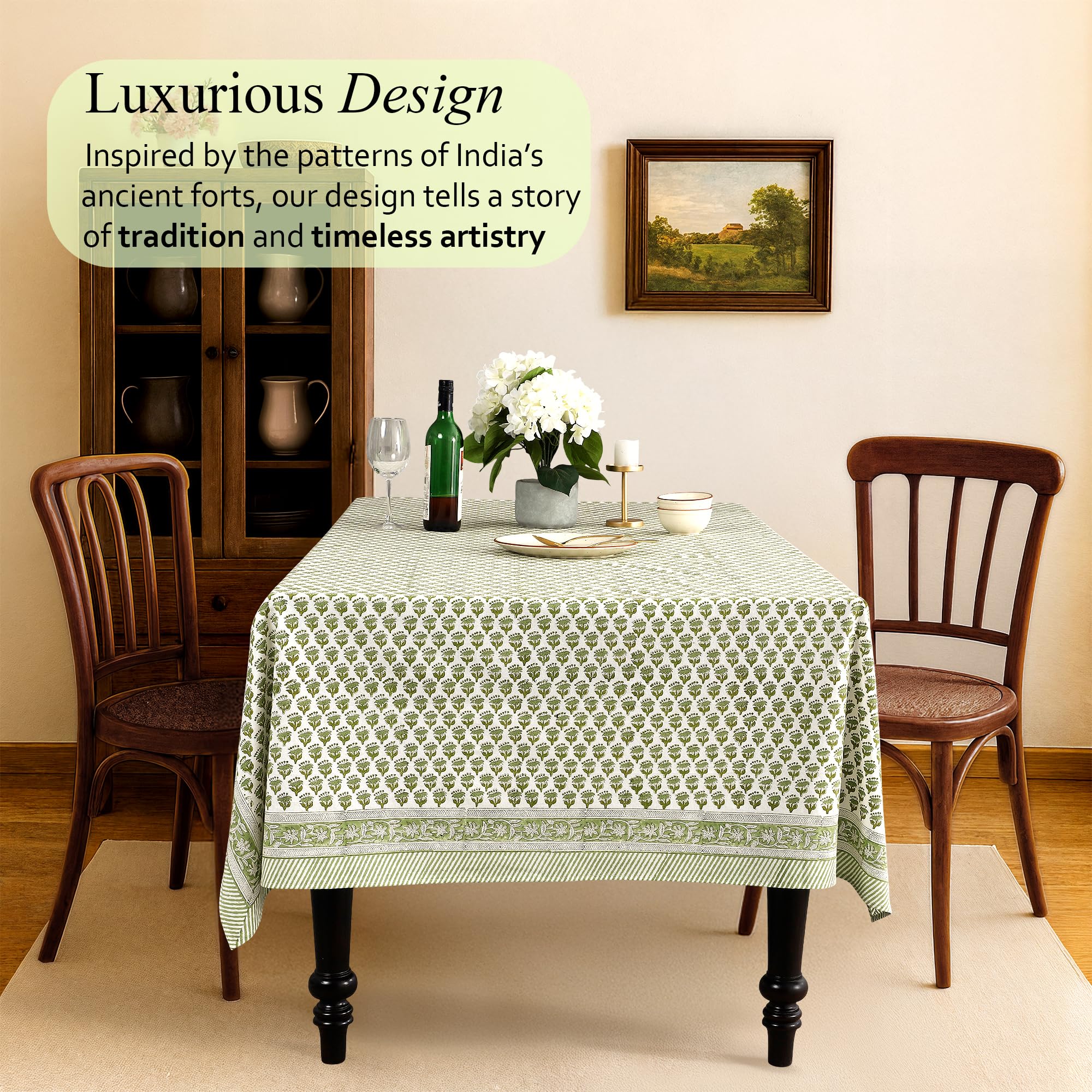 CPC Tablecloth 100% Cotton 70x118 Inch Indian Block Print Rectangle Table Cover, Table Cloth for Weddings, Spring/Summer, Barbeque - Emerald Green
