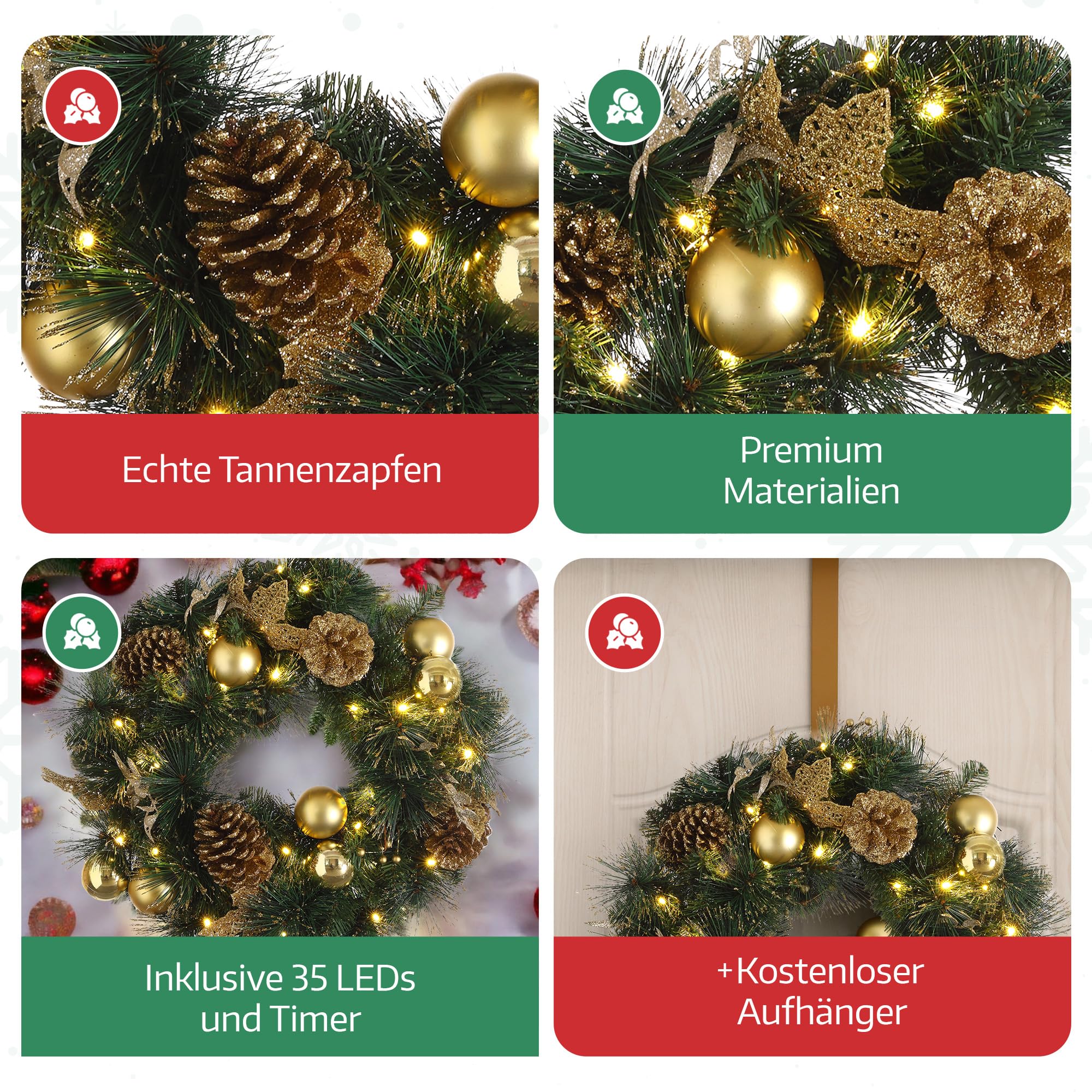 MeisterHome ® Künstlicher Weihnachtskranz Adventskranz für Tür Ø 50 cm - Weihnachtlicher Türkranz für Innen und Außen mit 35 LEDs, Timer und Gold Dekoration + Goldfarbener Aufhänger