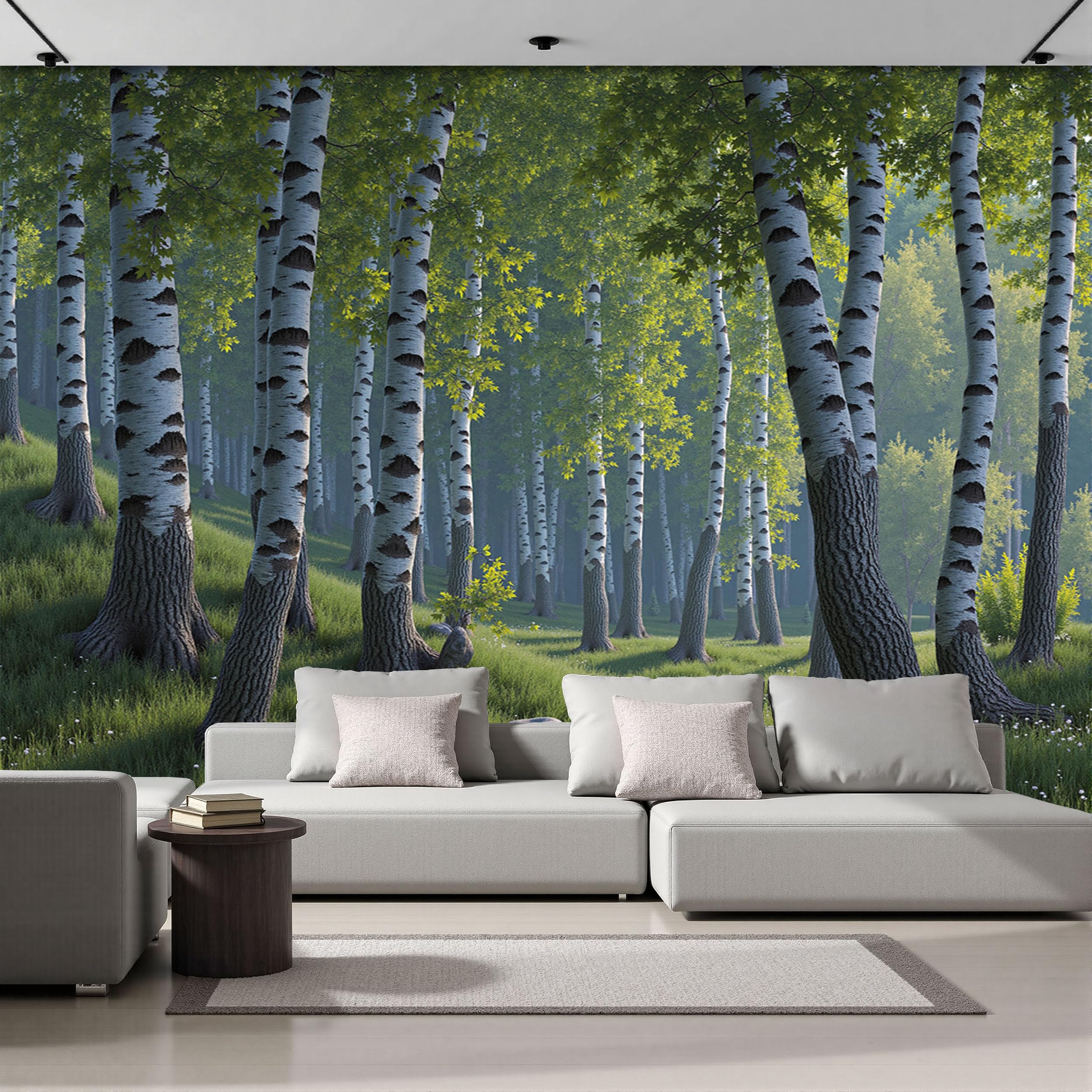 Papier Peint Panoramique Paysage d'Été Vert Forêt de Bouleaux