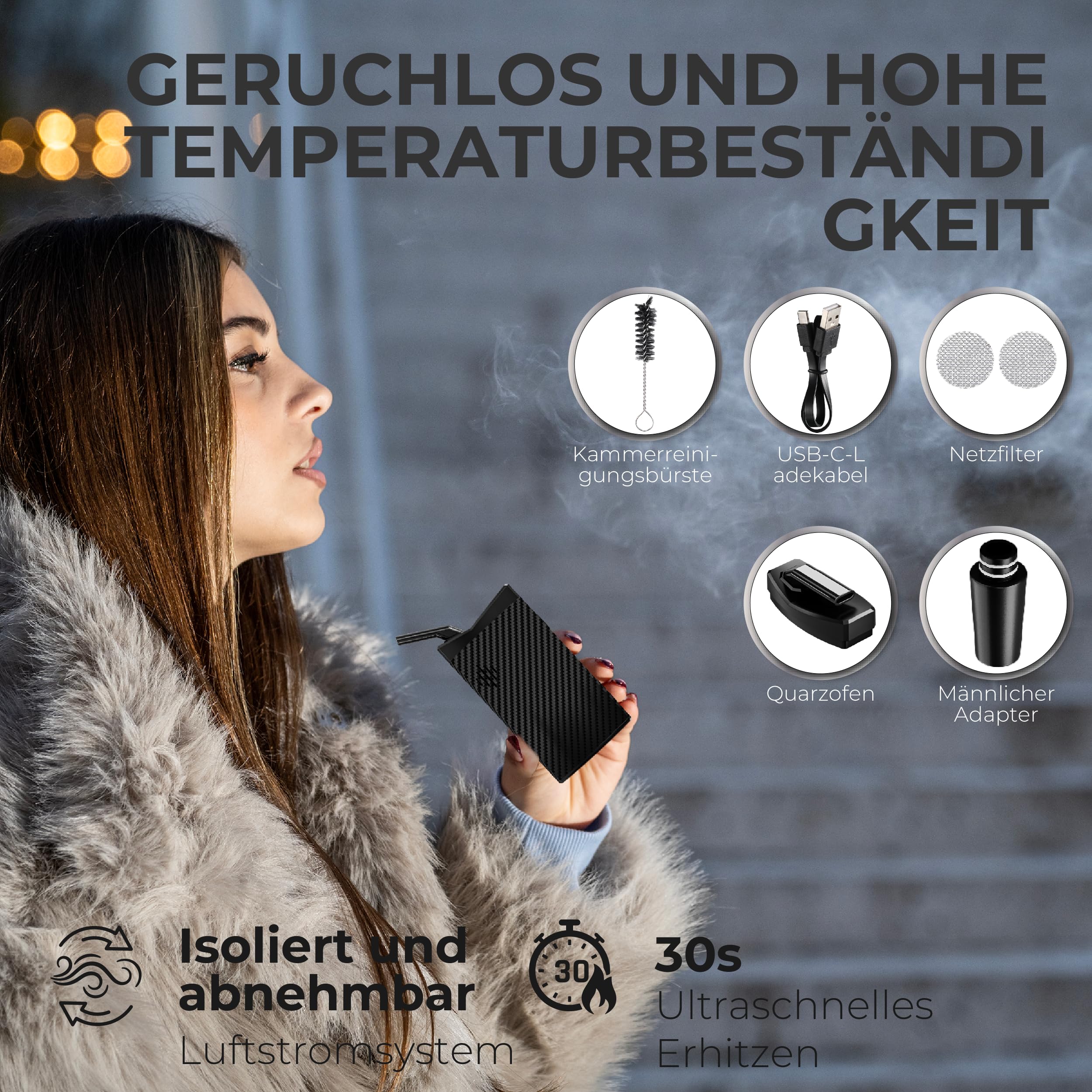 Vaporizer Cannabis IOUQ Mars Kit Kräuter Verdampfer mit LCD Display, präziser Temperaturregelung 100–250 °C, Keramik-Heizkammer &3000mAh USB-C Schnellladung (Matte Black)
