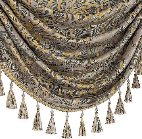 Miniatura 10 de Loom and Mill Cenefa de cascada de lujo para sala de estar, cenefas clásicas de damasco jacquard con borlas, cortinas negras para dormitorio,