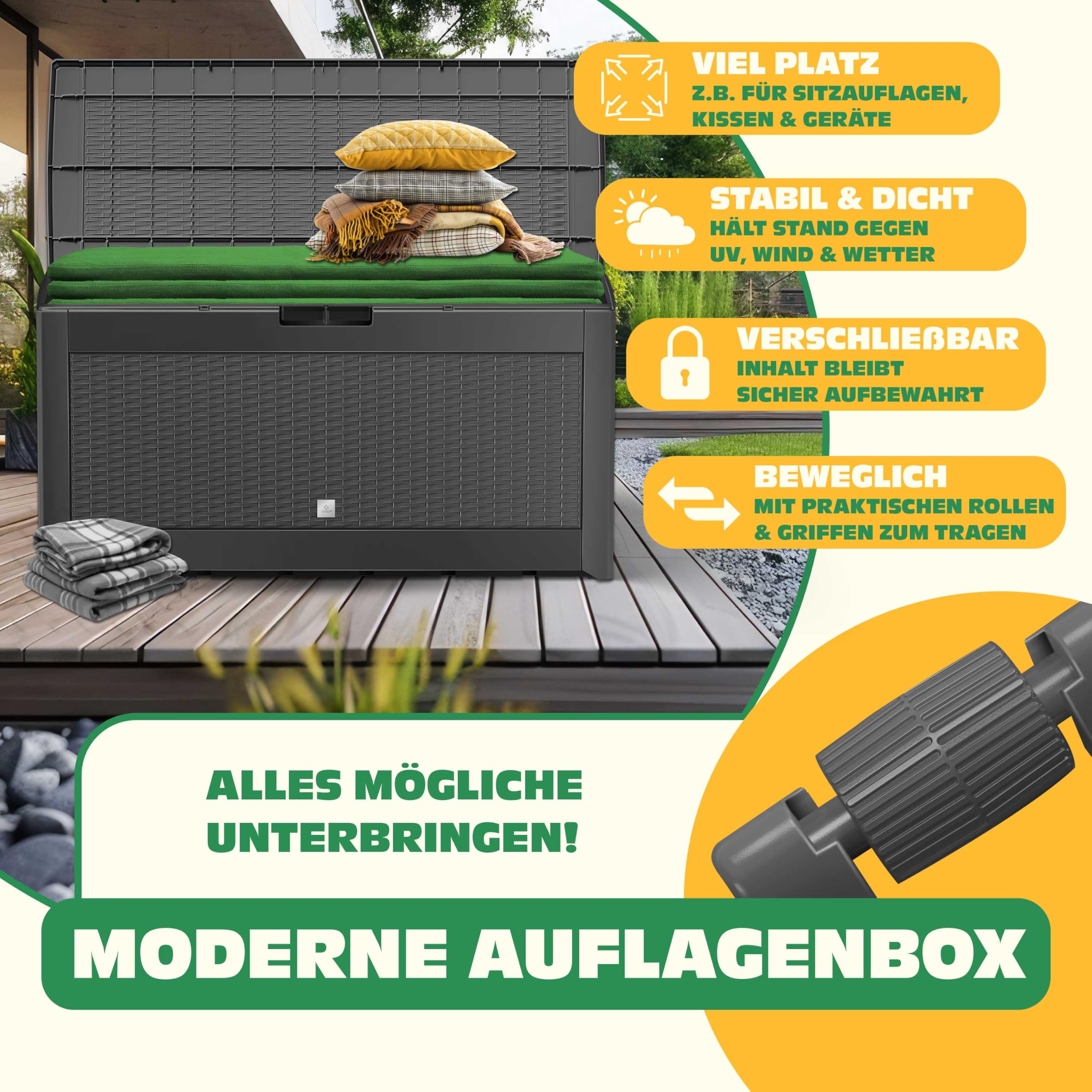 KESSER® Auflagenbox Kissenbox 𝟯𝟭𝟬𝗟, Klicksystem, mit Rollen & Haltegriffen, Deckel mit Hubautomatik, abschließbar, bis zu 290kg, Gartenbox Wasserdicht, Vielseitige Kissenbox, Rattanoptik-Anthrazit