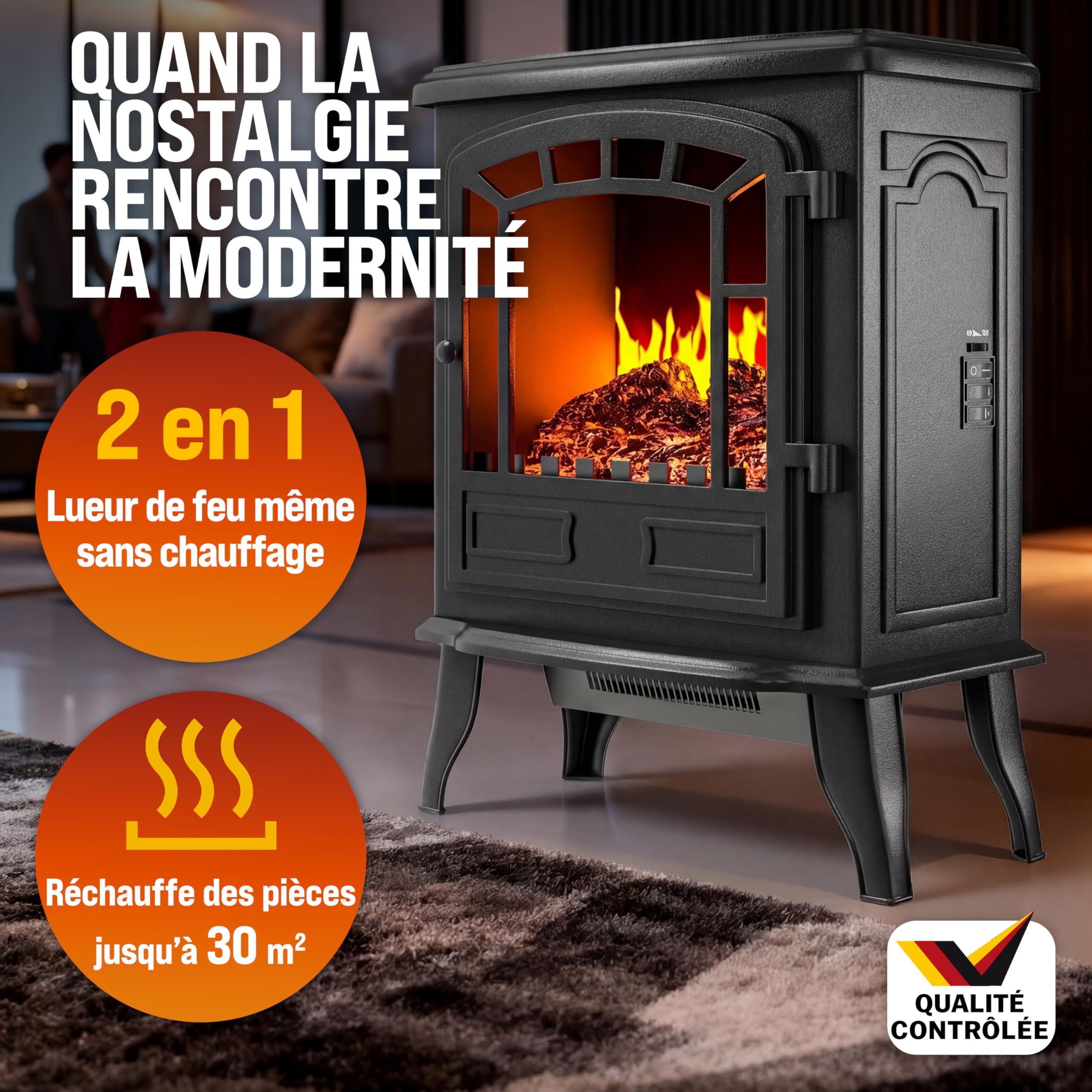 MONZANA® Cheminée électrique Effet Flamme LED 2000 W 2 Niveaux de Chauffage radiateur électrique Fausse cheminée chauffante Chauffage d'appoint 30 m² Noir
