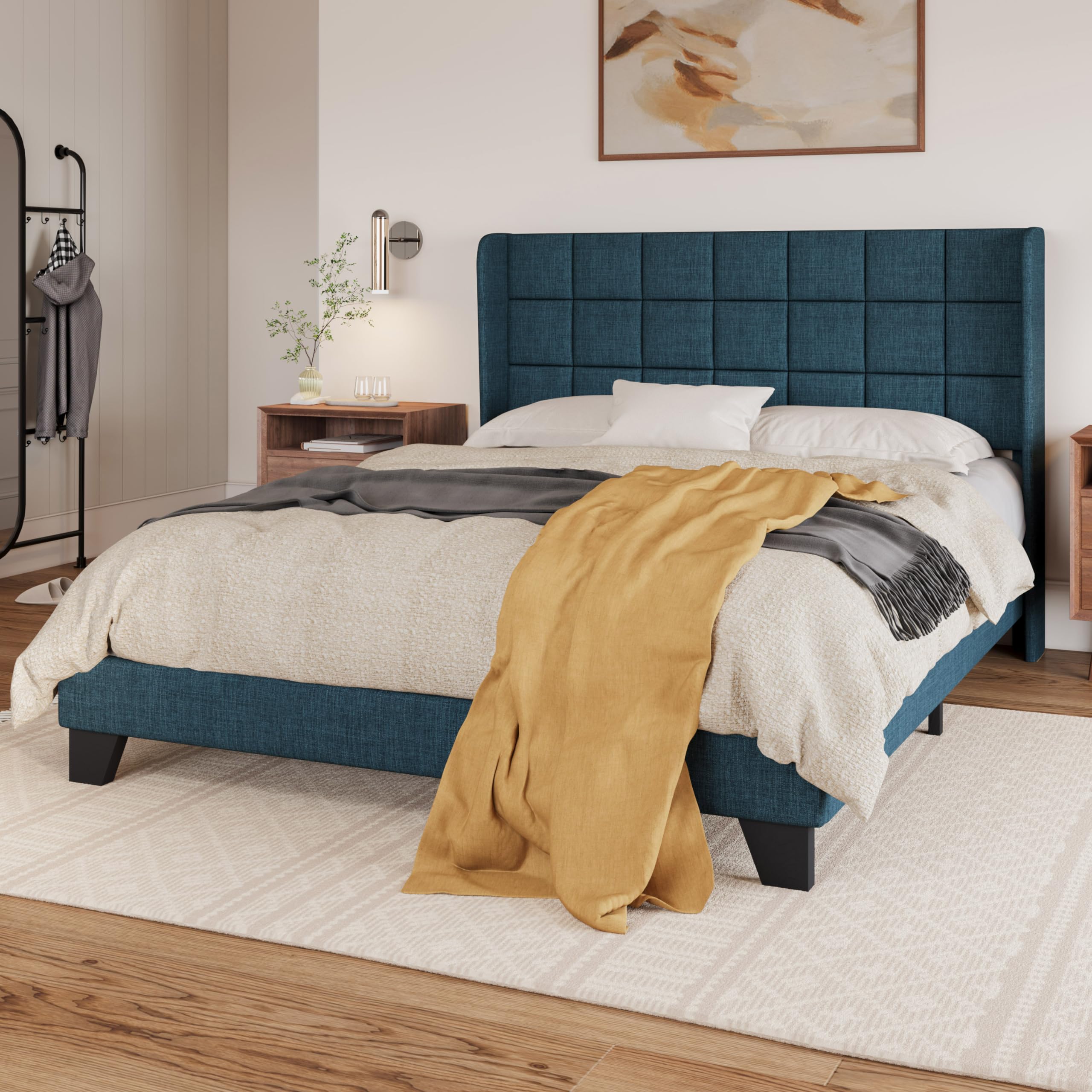 SHA CERLIN Queen Upholstered Bed Frame with Square Stitched Headboard and 5.5" Wingback, Ample Storage Space, Stable and Durable, Navy Blue