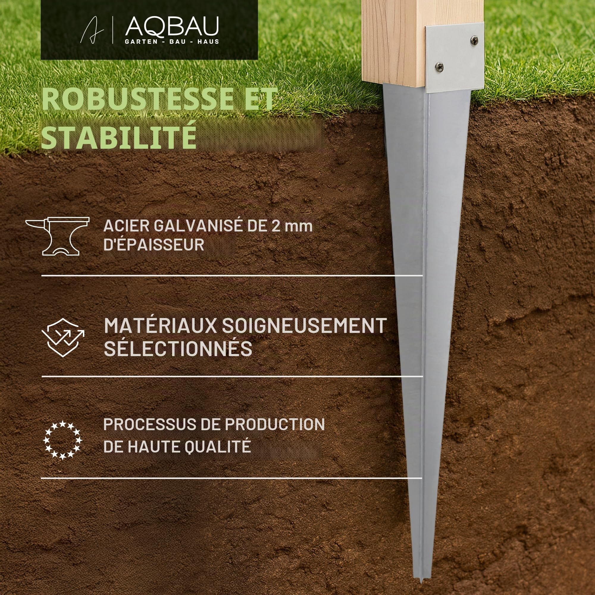 Lot de 4 Support Poteau Bois – Support de Poteau à Enfoncer Universel en L – Fixation robuste pour Poteaux Bois et Jardin – Douille à Frapper Galvanisée à Chaud 40x500mm