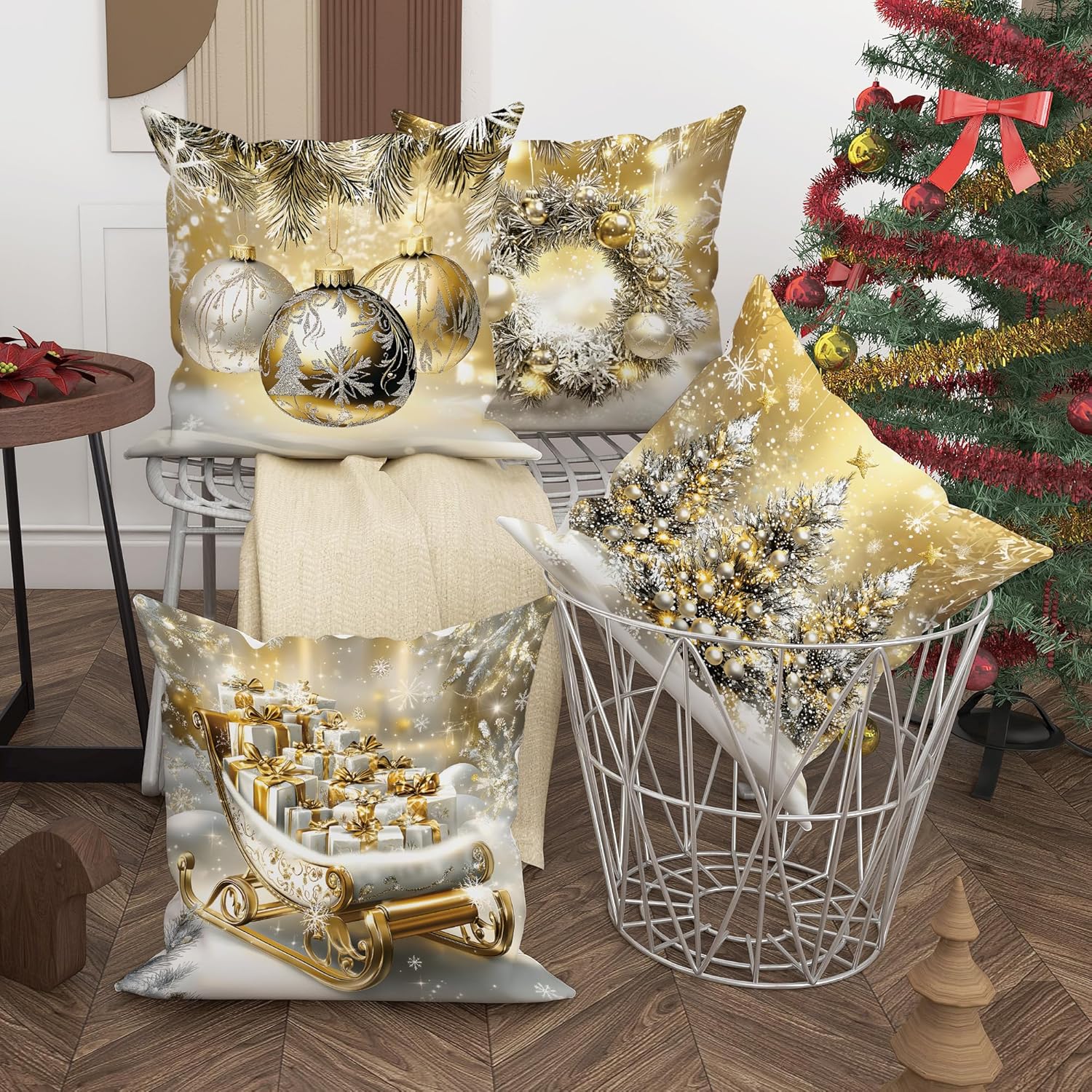 Christmas Pillow Covers Set of 4, Gold Silver Holiday Decorative Throw Pillows Case, Winter Festive Square Home Decor Cushion Covers for Sofa Bed Couch 18x18 Inch