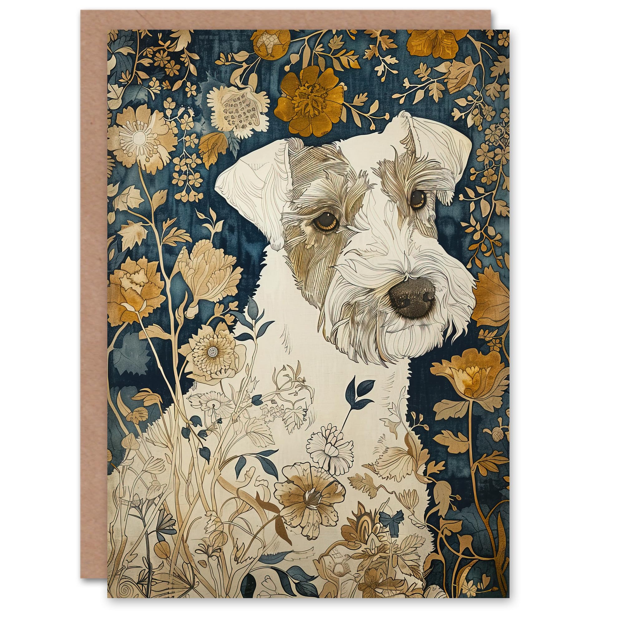 Artery8 Dog Wildflowers Painting Blue Ochre Animal Lover Greeting Birthday Card Him Her All Blank