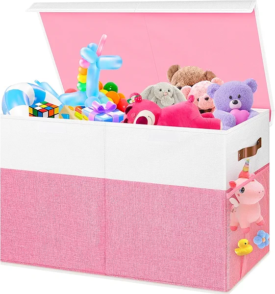 Mabahoo Large Toy Box, Collapsible Sturdy Storage Organize Chest Boxes With Lids, 25"x13"x16" Kids Toy Chest Bin Baskets for Living Room, Bedroom, Nursery, White & Pink