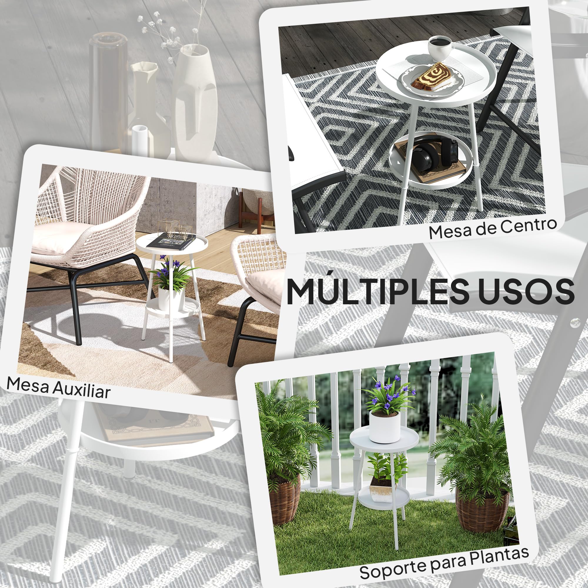 Outsunny Tavolino da caffè rotondo 2 livelli in metallo bianco | per veranda, terrazza, balcone