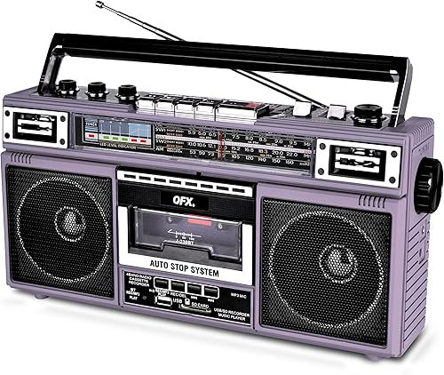 Miniatura 3 de QFX J-220BT Purple Boombox MP3 Conversión de radio a casete con radio de 4 bandas (AM, FM, SW1, SW2) con Bluetooth, altavoces duales de 3 pulgadas,
