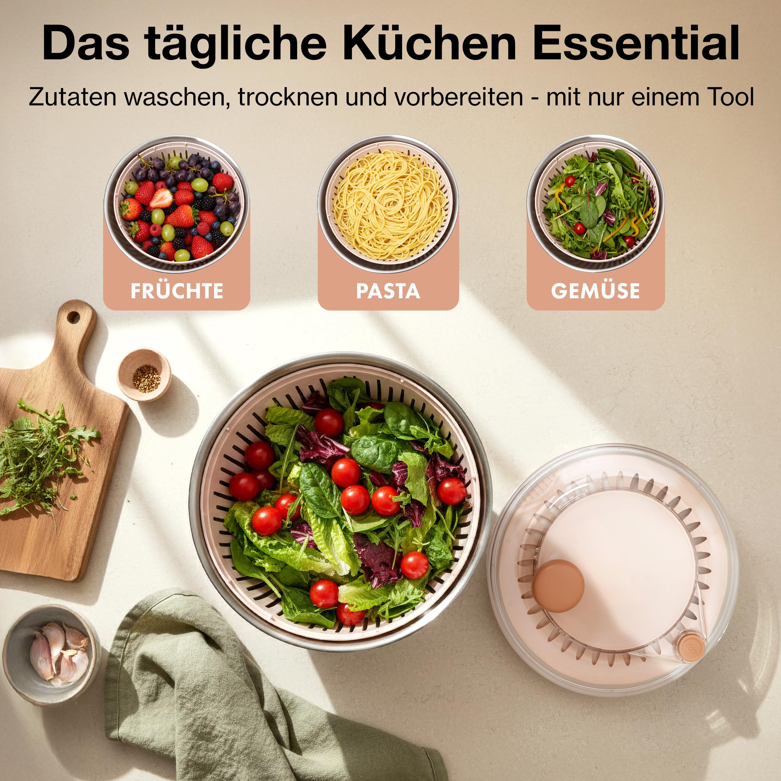 EDELHAUS Salatschleuder Edelstahl 4,5L – Salad Spinner mit Stopp-Taste, Ausgießer & Kurbel | Salatschüssel mit rutschfestem Boden | BPA-frei Salatschleuder mit Deckel | Spülmaschinengeeignet
