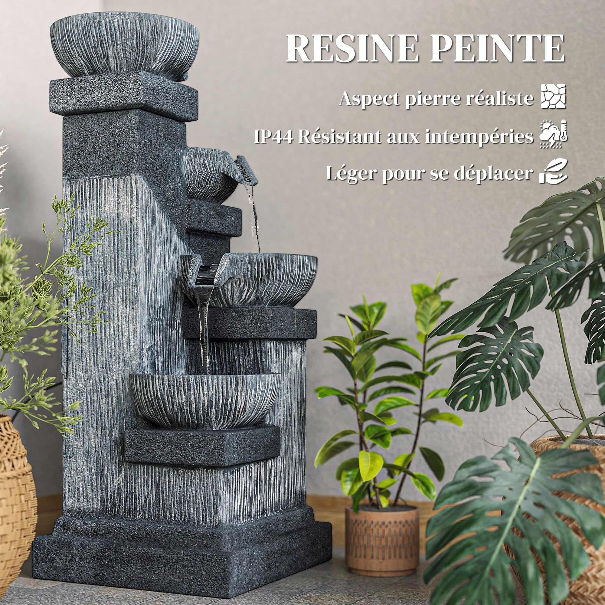 Outsunny Fontaine de Jardin Cascade Fontaine d'eau extérieure 4 Niveaux avec lumières LED, Pompe à Eau, en résine, 38 x 36 x 85 cm, Gris