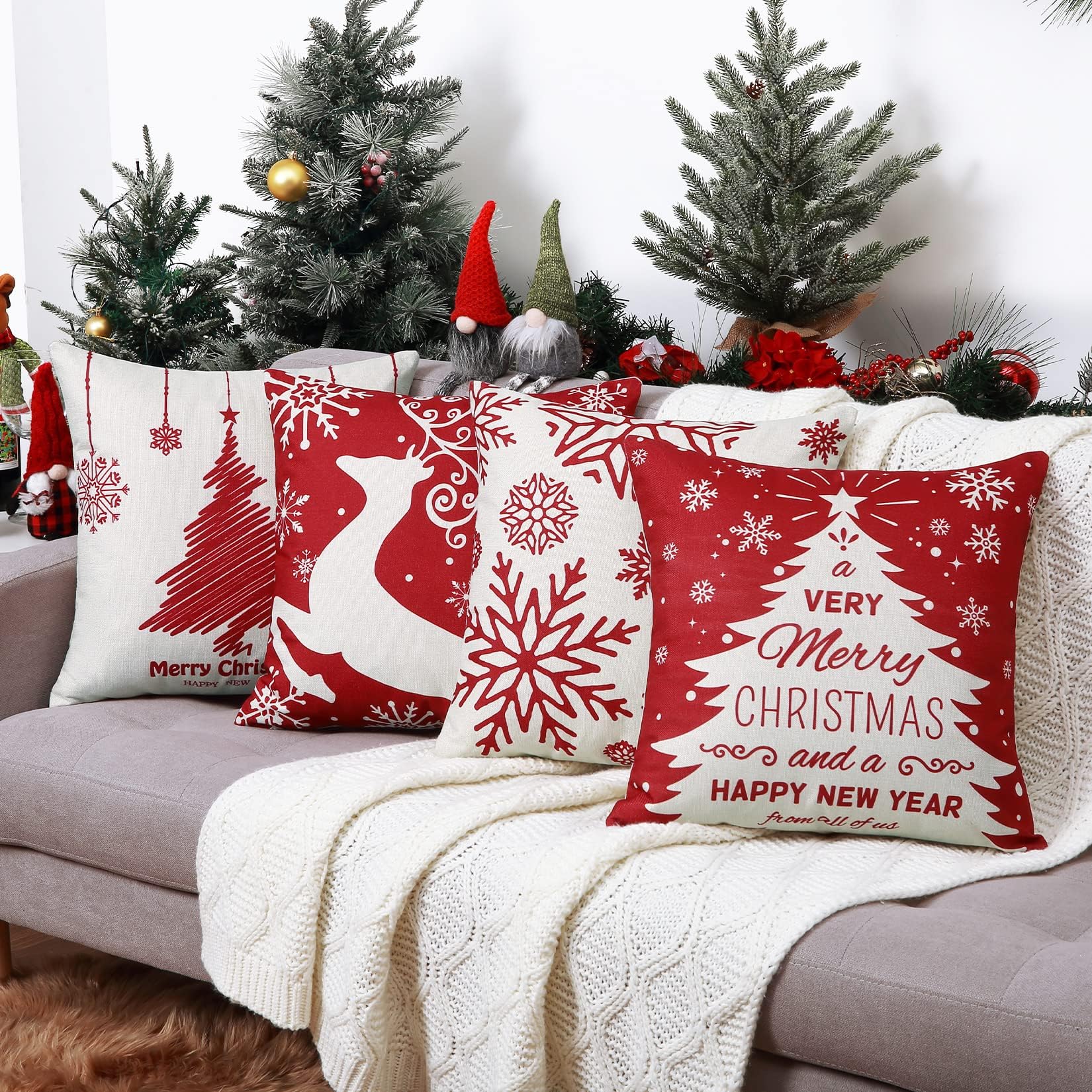 LuxFocus 4 Pack Merry Christmas Cushion Covers Throw Pillow for Sofa Xmas Room Decorations 18 x 18 Cotton Linen Red Decorative Christmas Square Pillowcase Deer and Snowflake 45 * 45cm
