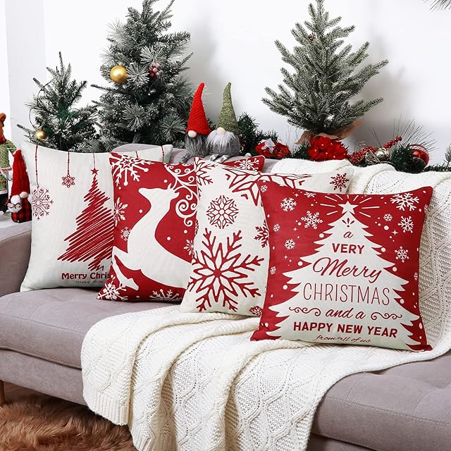 LuxFocus 4 Pack Merry Christmas Cushion Covers Throw Pillow for Sofa Xmas Room Decorations 18 x 18 Cotton Linen Red Decorative Christmas Square Pillowcase Deer and Snowflake 45 * 45cm