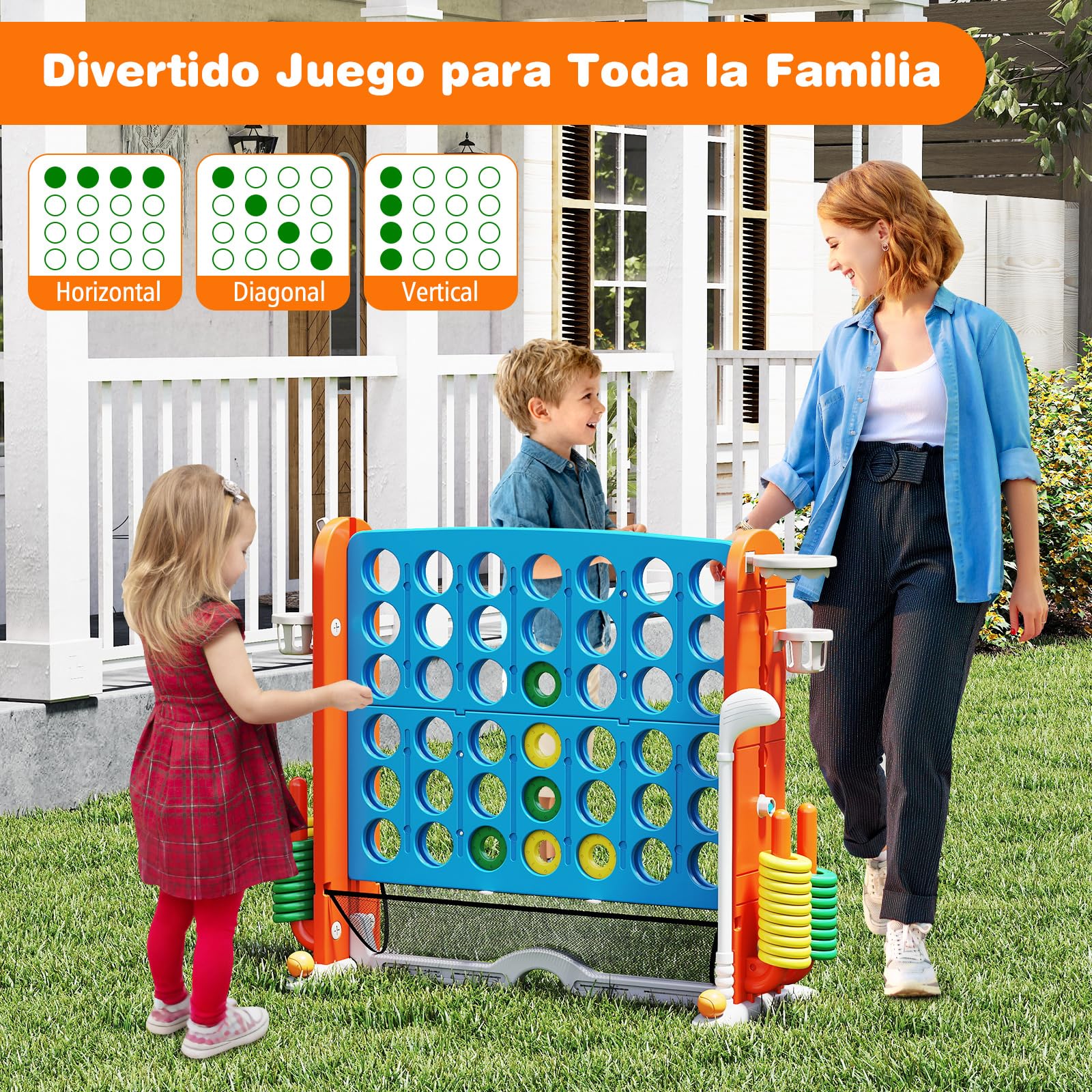 COSTWAY Juego Gigante 4 en Raya, 4 en 1 Juego de Conecta 4 Gigante con Lanzamiento de Aros, Aro de Baloncesto, Palo de Golf, Portavasos y Bolsa de Almacenamiento, 4 Alturas Ajustables (Azul)