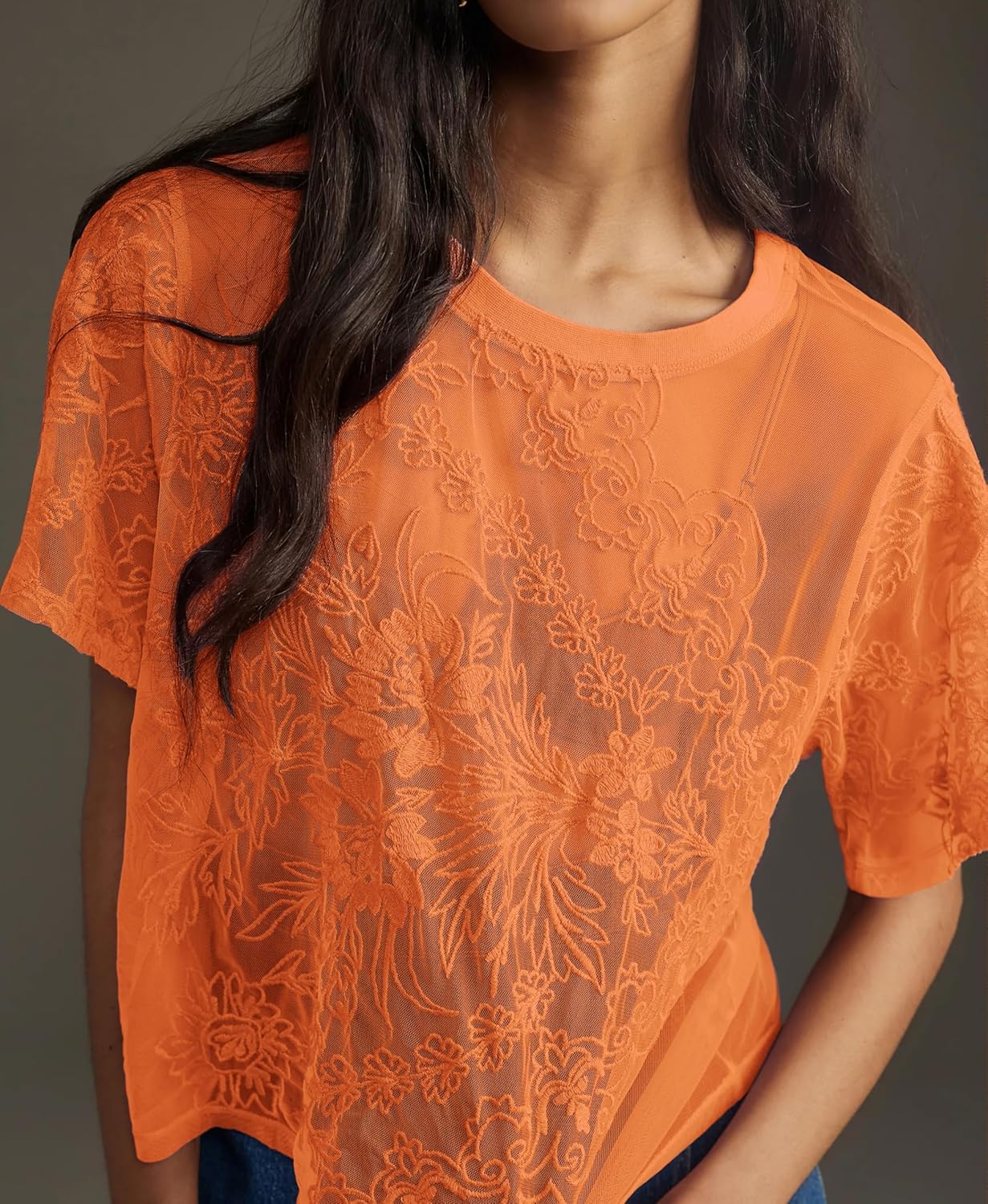 Aimiray Women's Sexy Lace Tops Short Sleeve Round Neck Mesh 3D Printed Floral Sheer Blouse See Through Layering Shirt Tops(Orange-L) - Image 5