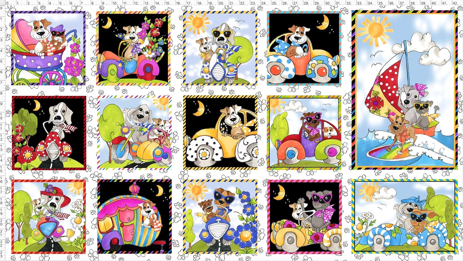 Go Doggie! White Fabric Panel for Quilting