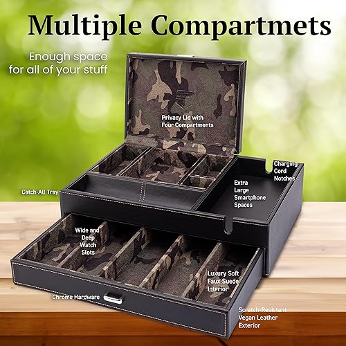 Miniatura 10 de HoundsBay Caja de tocador grande y caja de joyería para hombres con gran estación de carga para teléfono celular