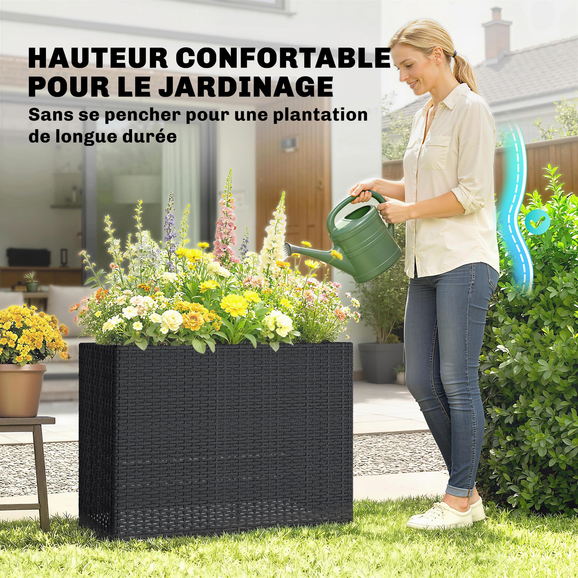 Outsunny Jardinière surélevée en résine tressée, support de fleurs avec bac amovible et pieds réglables, cadre en acier, pour fleurs et légumes dans patio, balcon, terrasse, noir