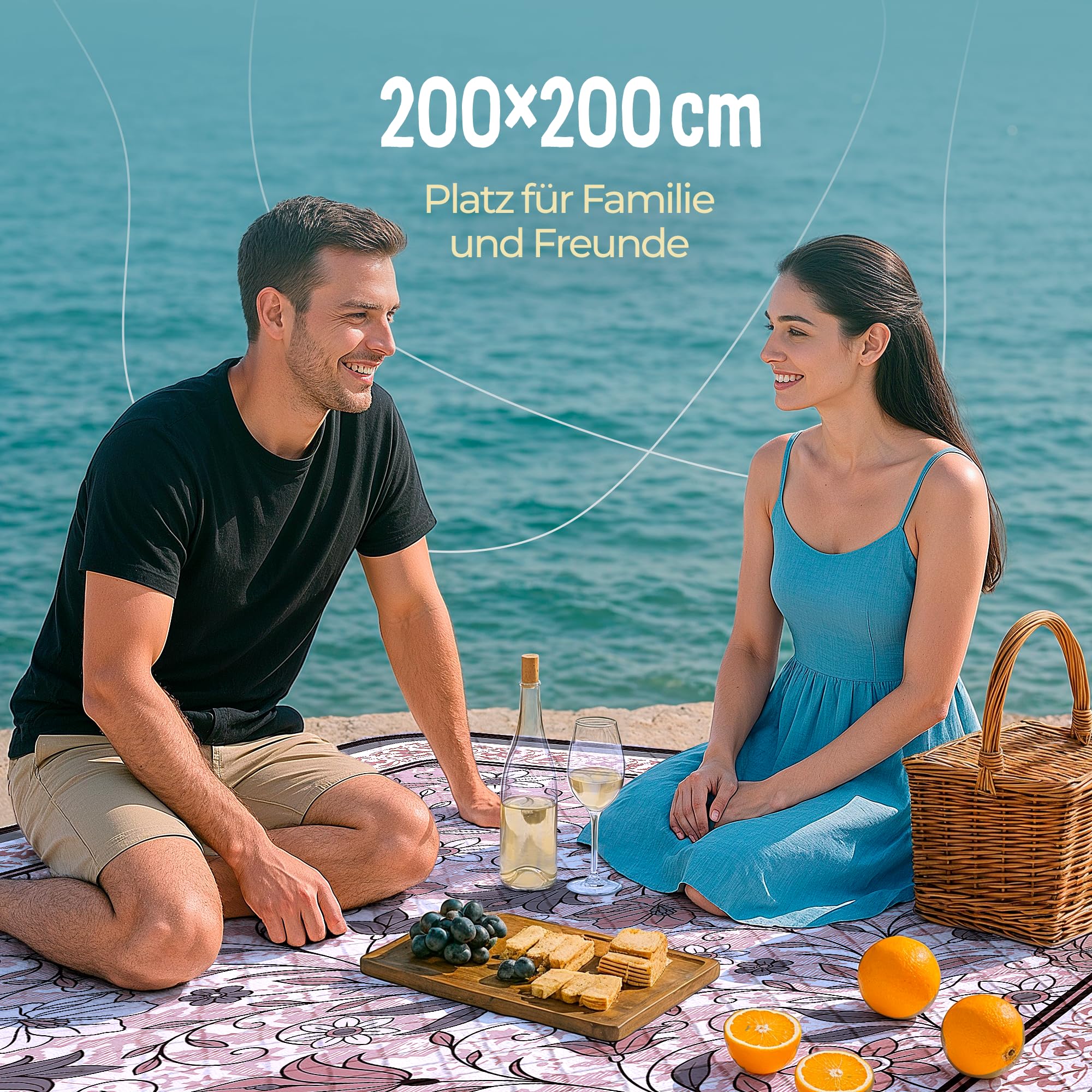 Couverture de pique-nique imperméable 200 x 200 cm – Sans sable, douce, lavable – Couverture de pique-nique bohème 200 x 200 cm – Couverture de plage XXL