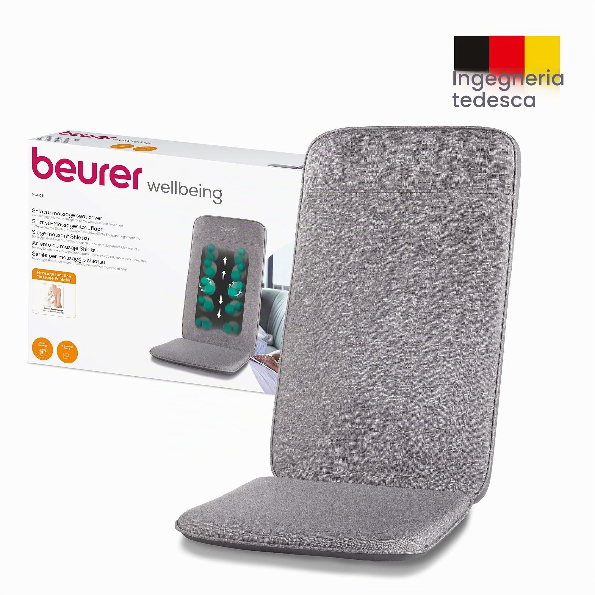 Beurer MG 202 - Cuscino massaggiante shiatsu per la casa e l'ufficio, 2 livelli di intensità, corpo posteriore sottile, adatto per poltrone, divani e sedie da ufficio, design moderno, grigio chiaro