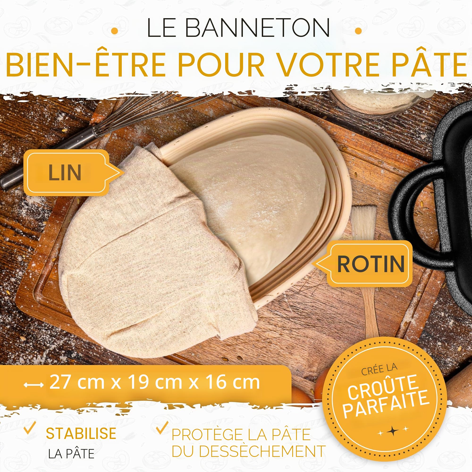 KRUSTENZAUBER Cocotte en fonte avec couvercle - Passe au four [avec panier de fermentation] - 28 cm de long en fonte - Idéal comme moule de four, casserole à induction