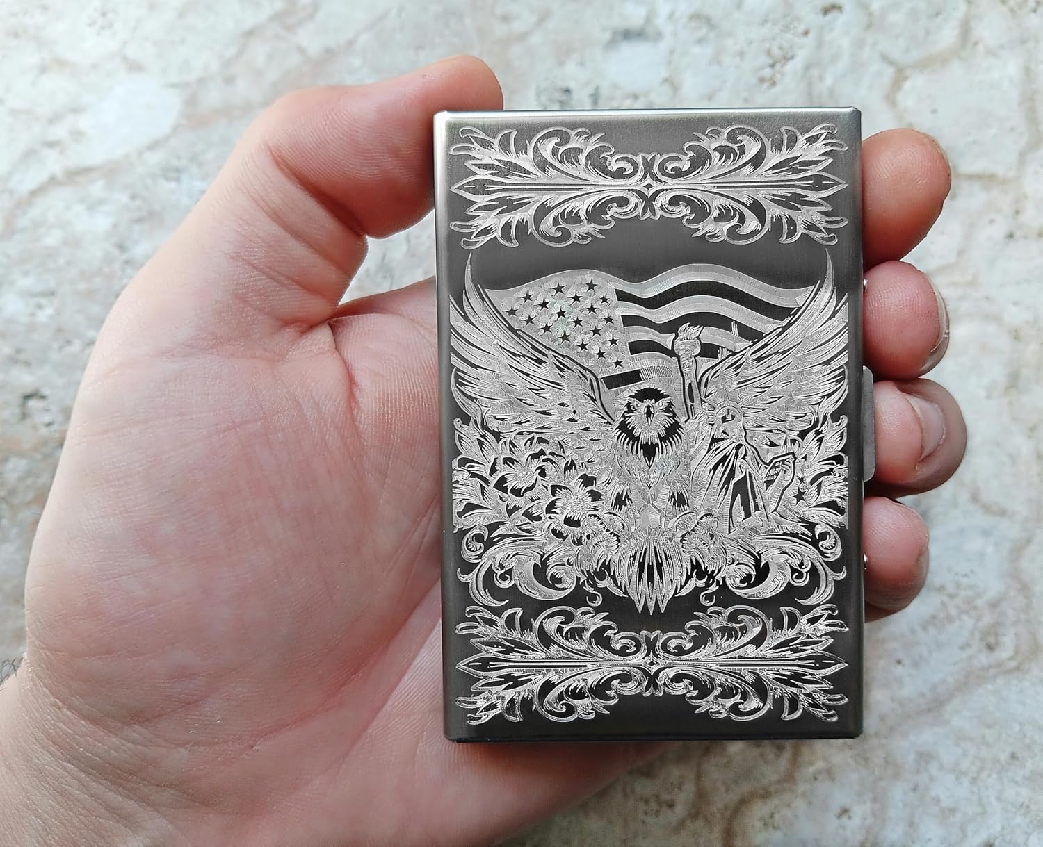 US Independence Freedom Liberty Wallet Card Holder RFID Protected Engraved Custom Text Stainless Steel Case with Release Button Unique Gift USIN-CL2-DS6