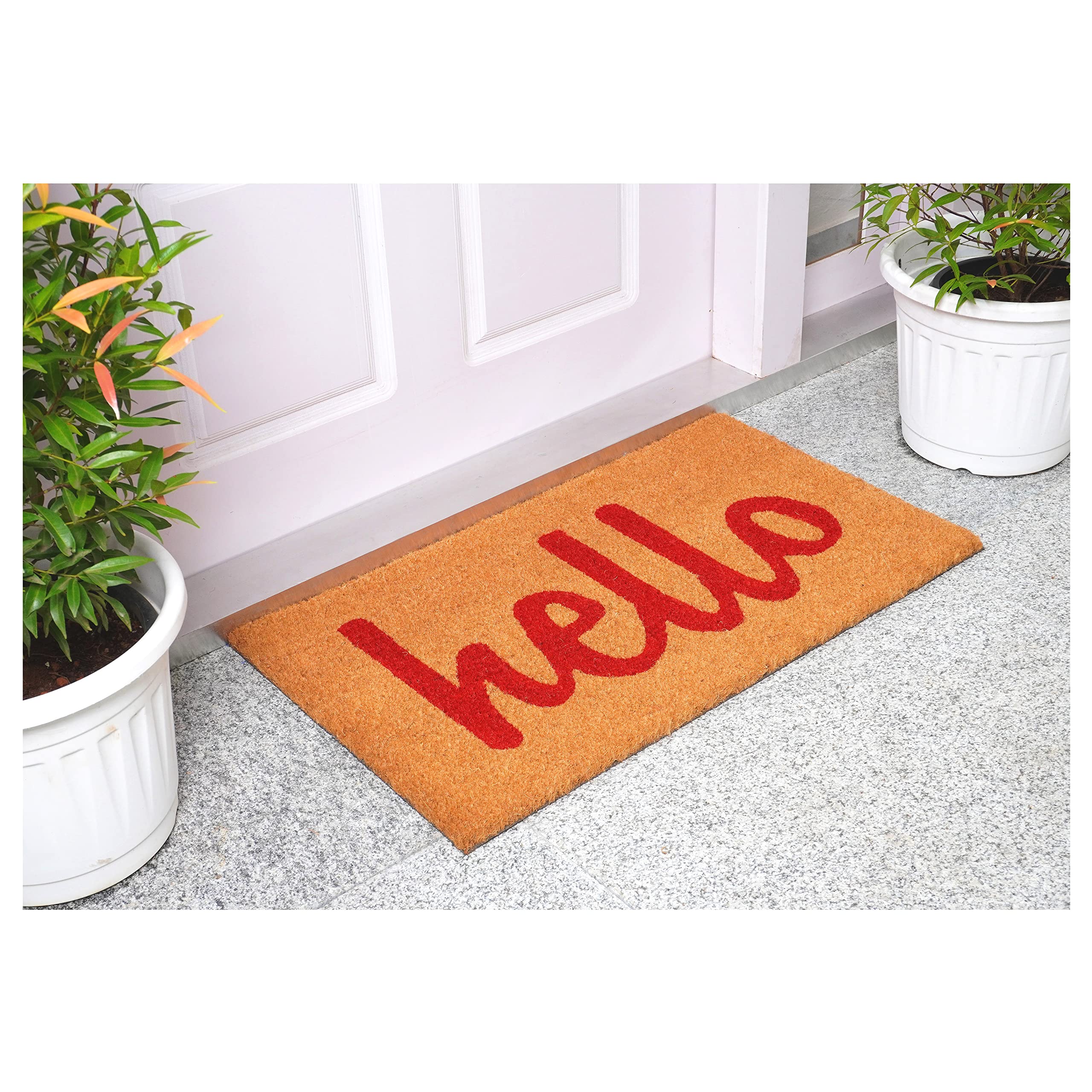 Hogar y más Rojo Hello Script al Aire Libre Felpudo