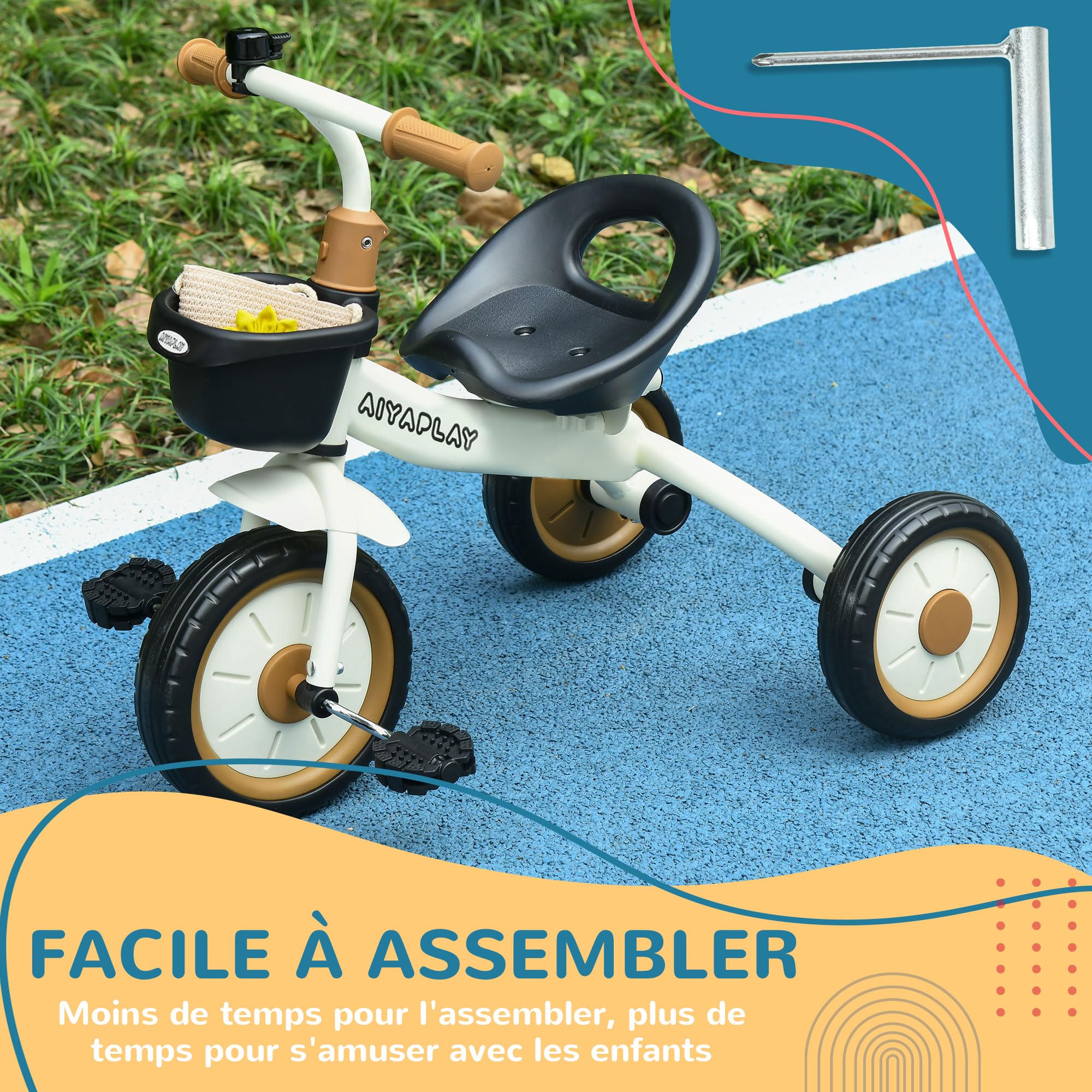 AIYAPLAY Tricycle Enfants avec Sonnette et Panier - Selle réglable avec Dossier - pour Enfant de 2 à 5 Ans Blanc