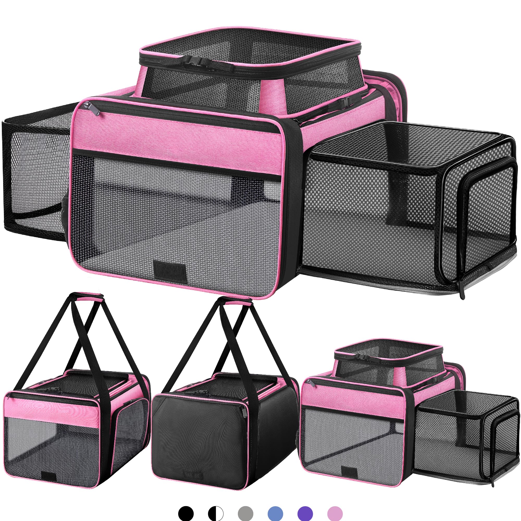 Top and 2 Sides Expandable Pet Carrier 17x11x9.5, TSA Airline Approved Small Dog Carriers for Small Dogs, Soft-Sided Cat Carrier with Self-Locking Zippers for Kitten,Rabbit, Puppy, Guinea Pig Pink