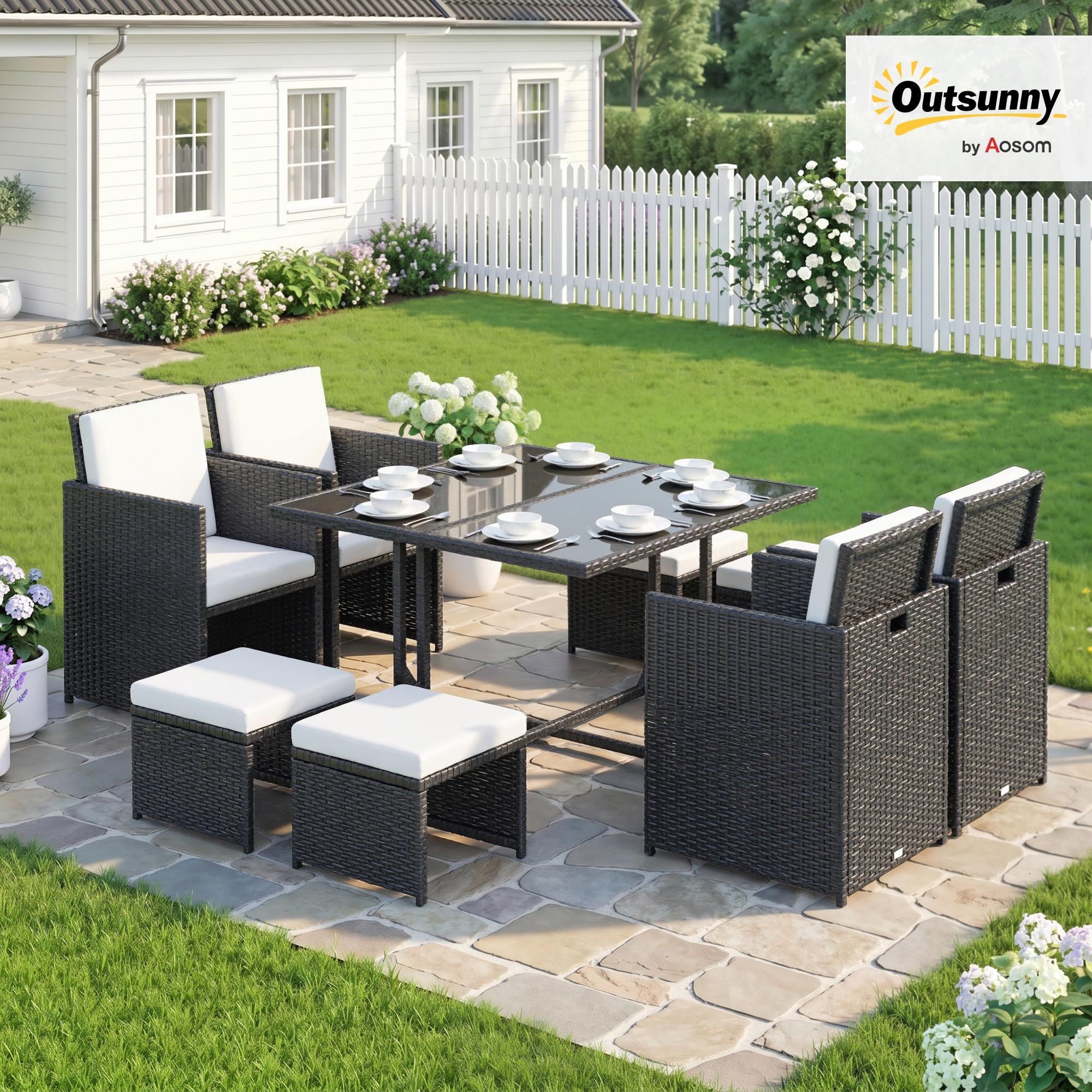 Outsunny Ensemble Salon de Jardin encastrable 8 Personnes 9 pièces résine tressée 4 Fils Imitation rotin Noir Coussins déhoussables crème