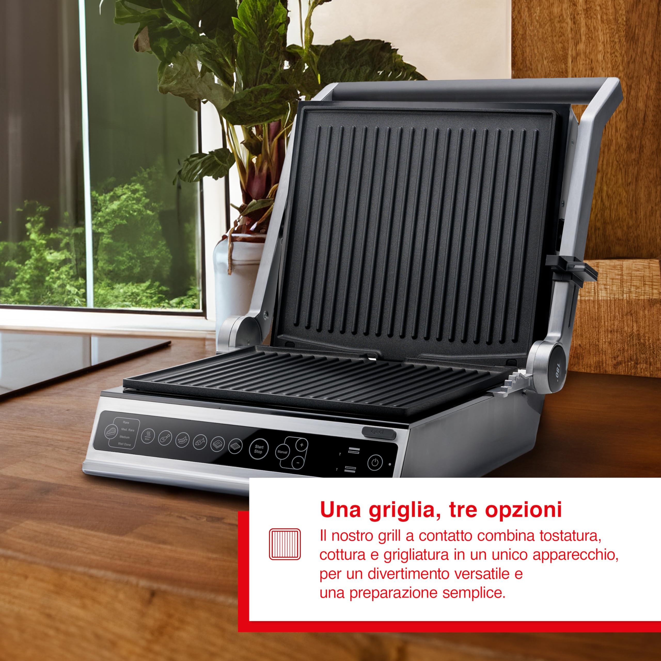 Solis Contact Grill Pro (tipo 7953) - Barbecue elettrico apribile a 180°, Panini Maker, Sandwich Tostapane, Bistecchiera per verdure, antiaderente, lavabile in lavastoviglie, acciaio inossidabile