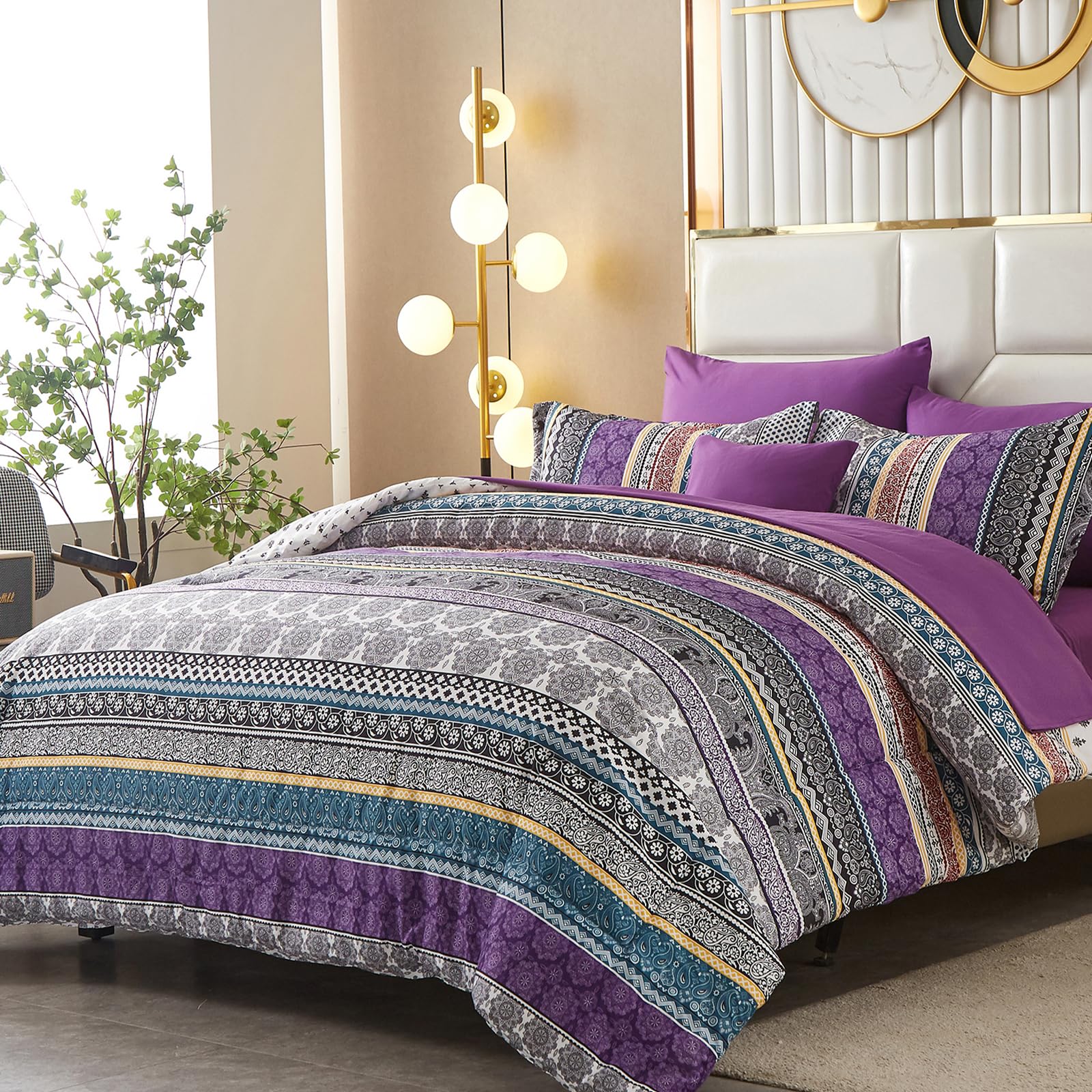 WONGS BEDDING Bohemian Double Duvet Cover Set Purple Grey Colorful Boho Striped Bedding Set including 2 Pillowcases Soft Microfiber Moroccan Quilt Cover 200x200cm - Image 3